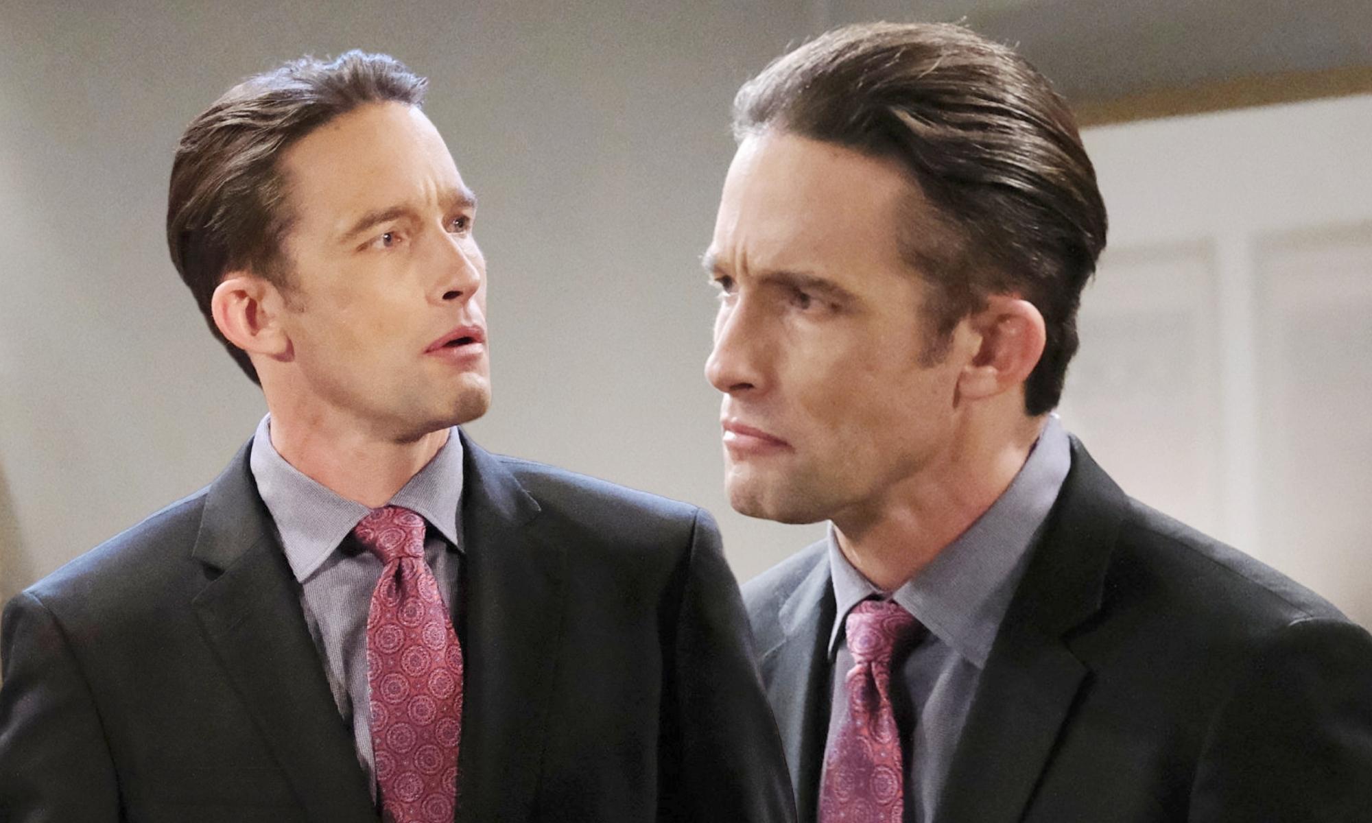 two images of philip kiriakis looking handsome in a dark suit with a red tie