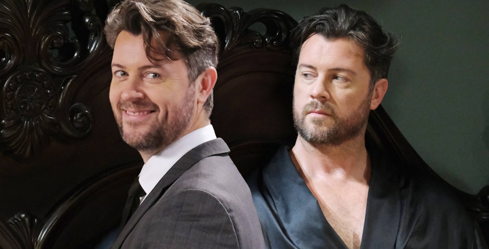 actor dan feuerriegel wearing a suit and as ej dimera on days of our lives wearing a robe