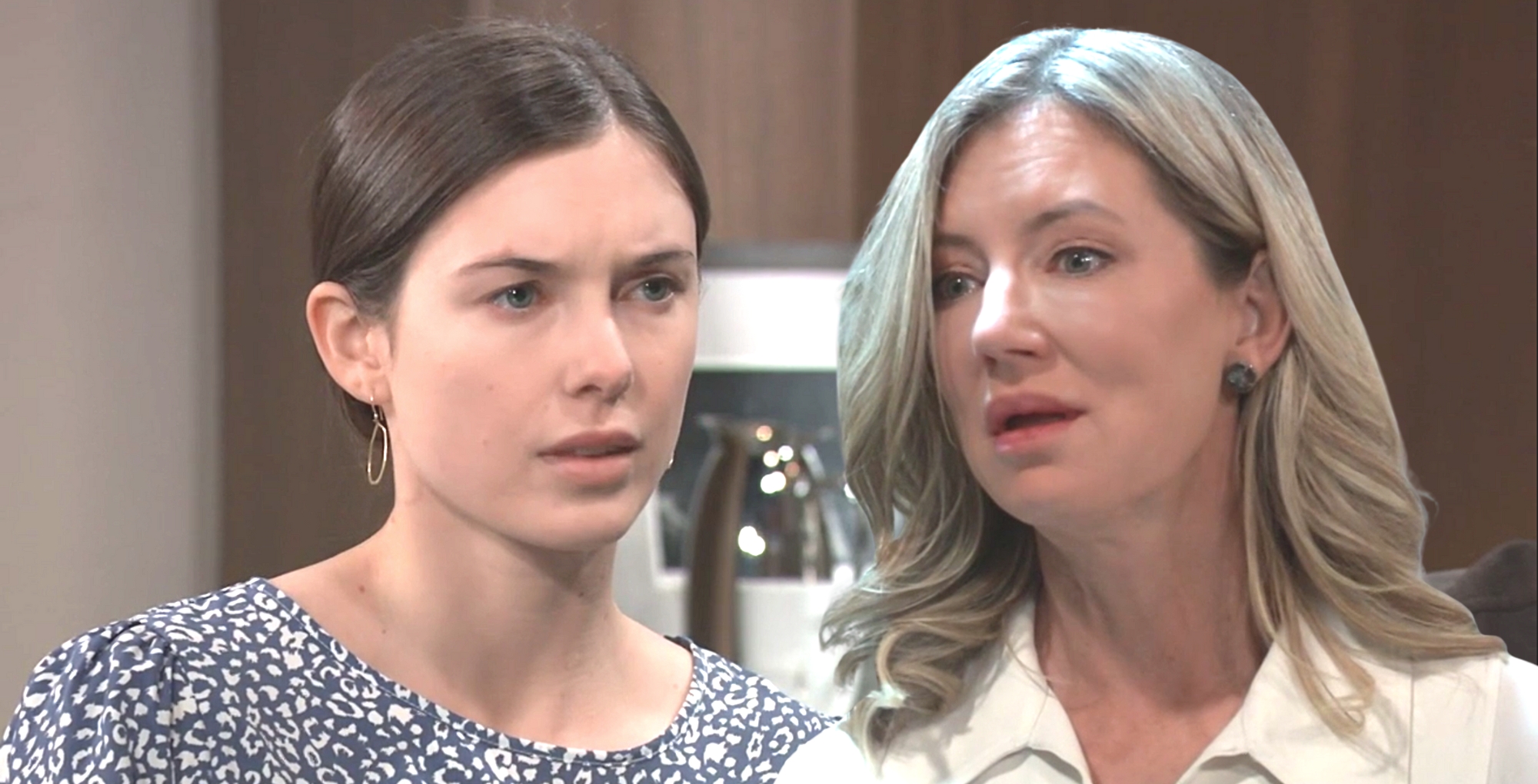 willow in a black and white blouse and nina in a white blouse on general hospital