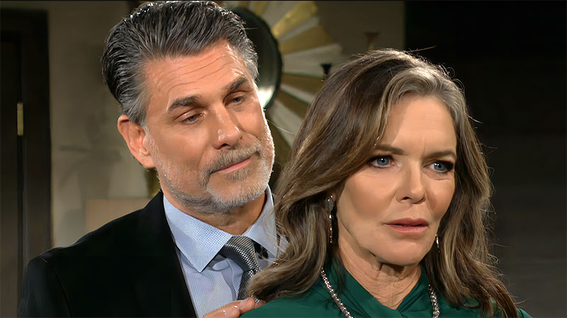 jeremy stark wearing a suit a tie putting nikki's necklace around a gree dress clad diane jenkins's next