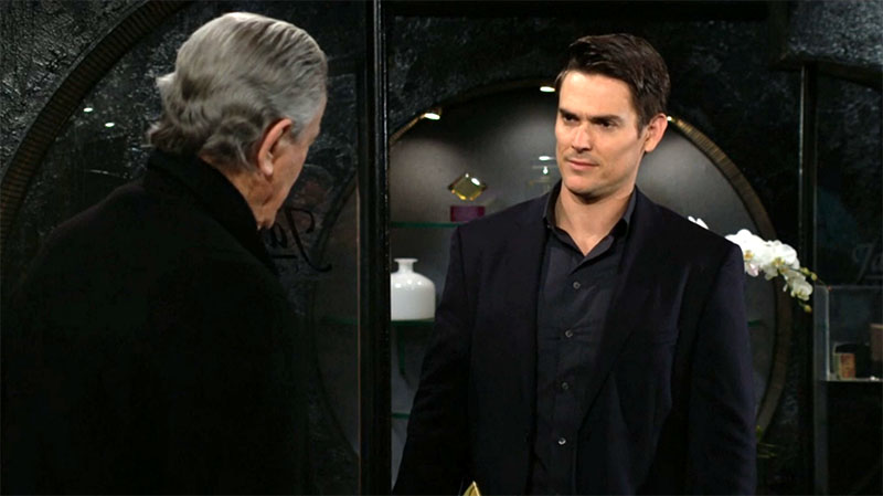 adam newman glaring at victor newman near the elevator at jabot