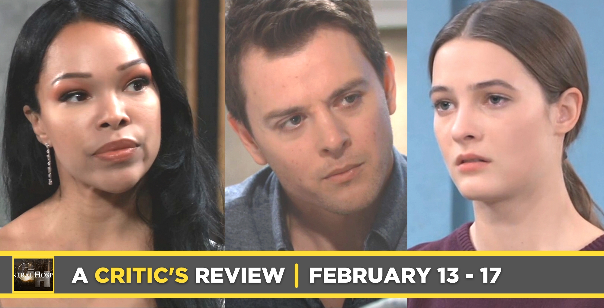 a critic's review of general hospital row of images protia robinson, michael corinthos, and esme prince