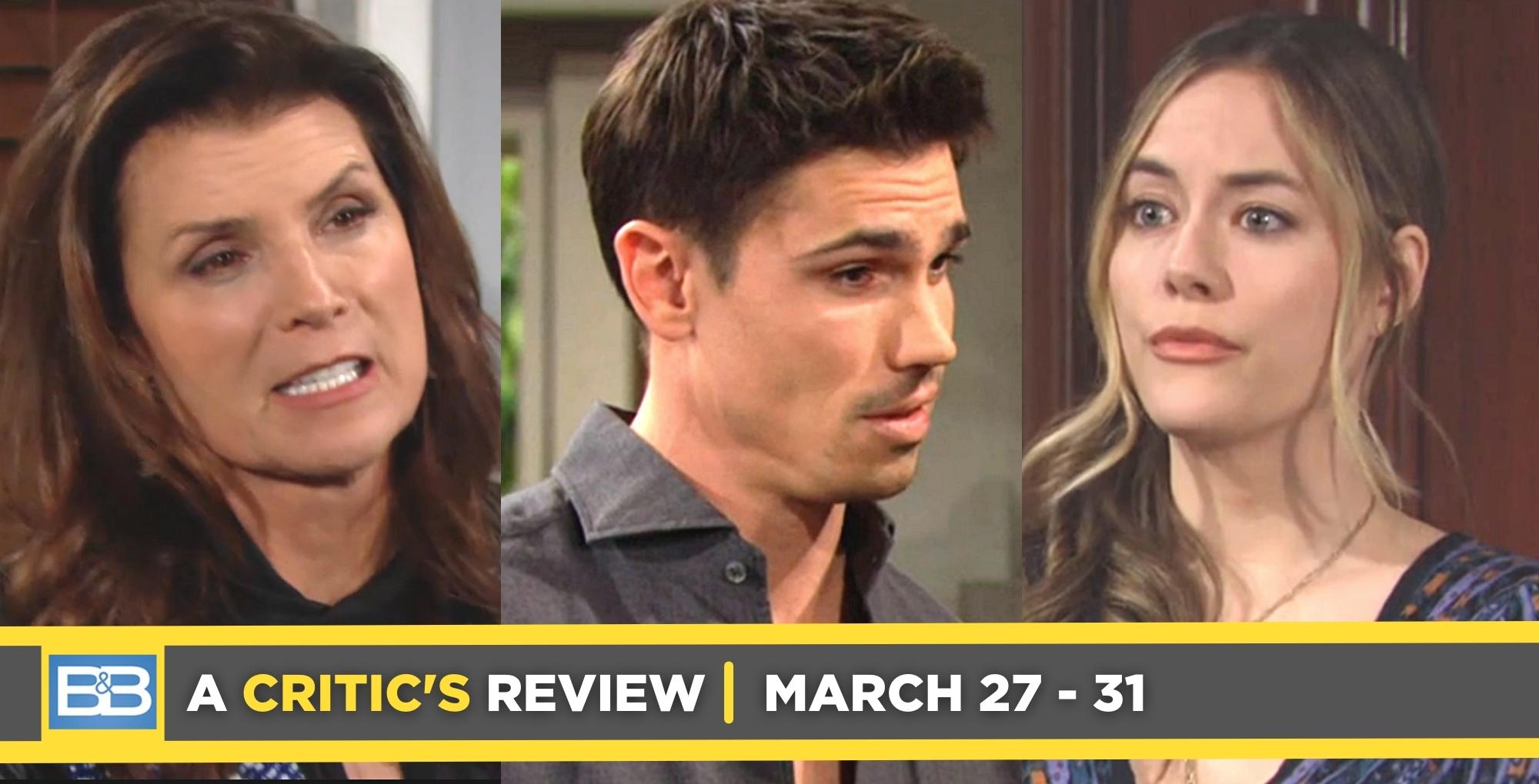 the bold and the beautiful critic's review for march 27 – march 31, 2023, three images sheila, finn, and hope