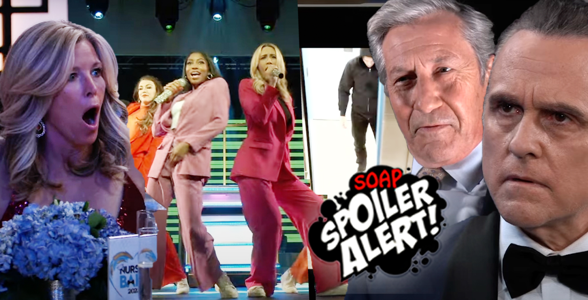 gh spoilers video promo collage of shocked carly, trina and joss performing, smug victor and stunned sonny