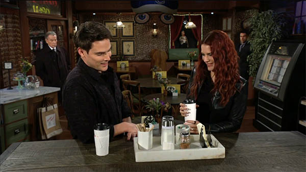 sally and adam laugh at crimson lights as victor and nick look at them.
