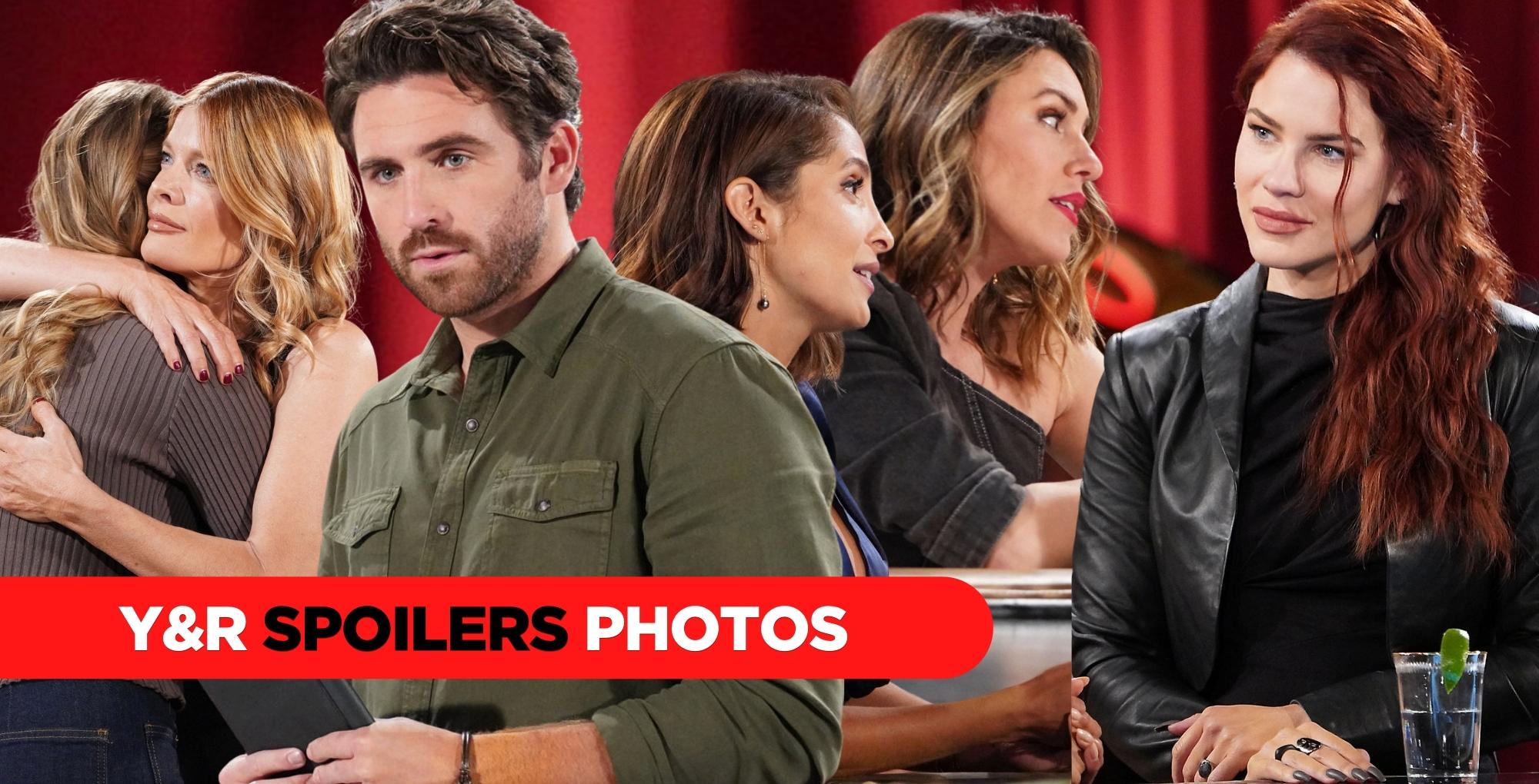 y&r spoilers photos for may 26, 2023, collage with phyllis, summer, chance, lily, chloe, and sally.
