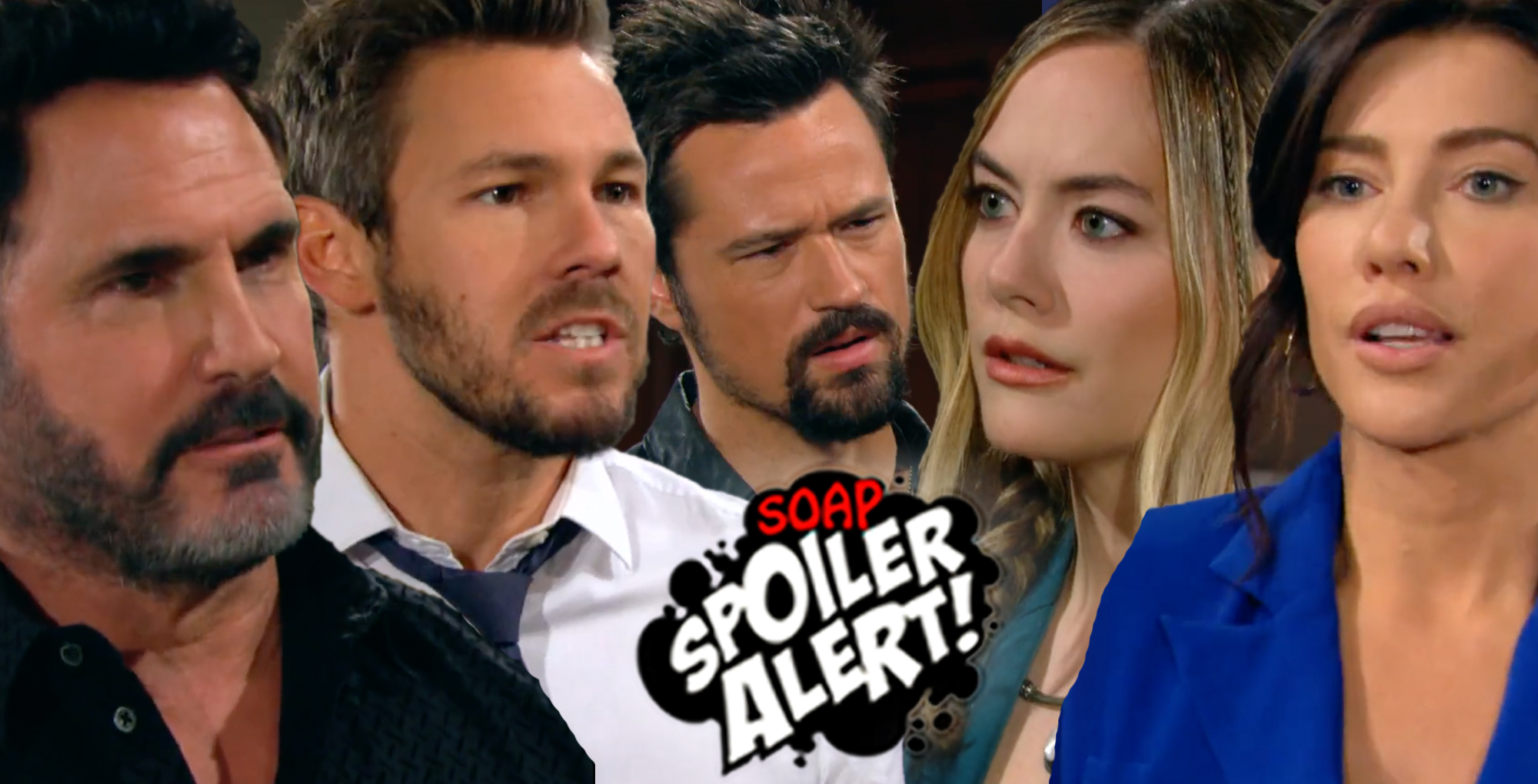 b&b spoilers video collage of bill, liam, thomas, hope, and steffy.