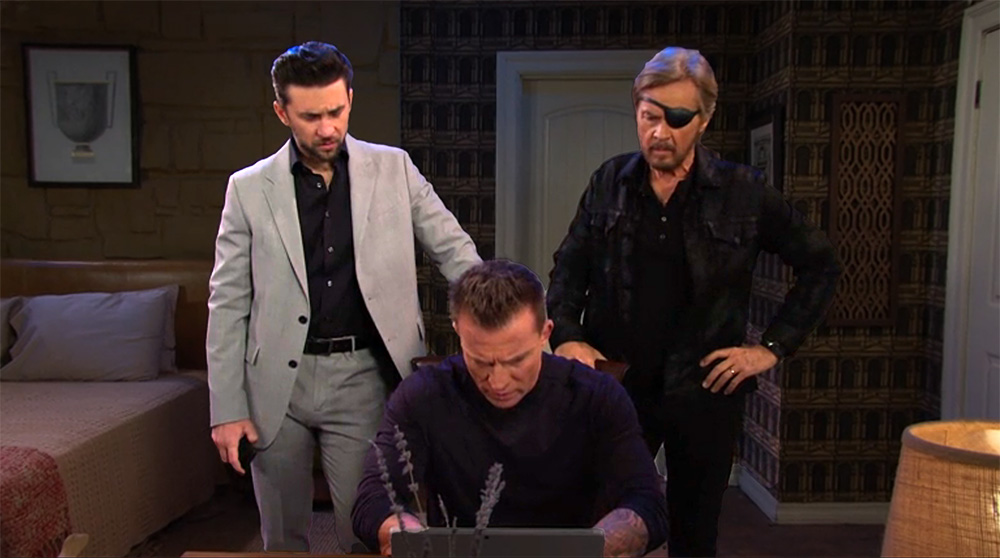 days of our lives recap for friday, may 12, 2023, chad, steve and harris look at his computer.