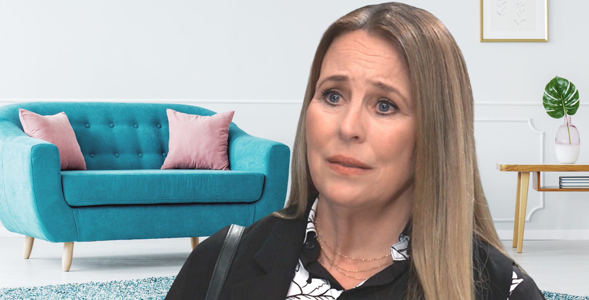 laura collins sits on the soap hub couch on general hospital.