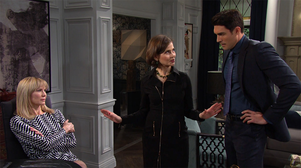 days of our lives recap for monday, june 5, 2023, has megan with kristen and dimitri in the dimera living room.