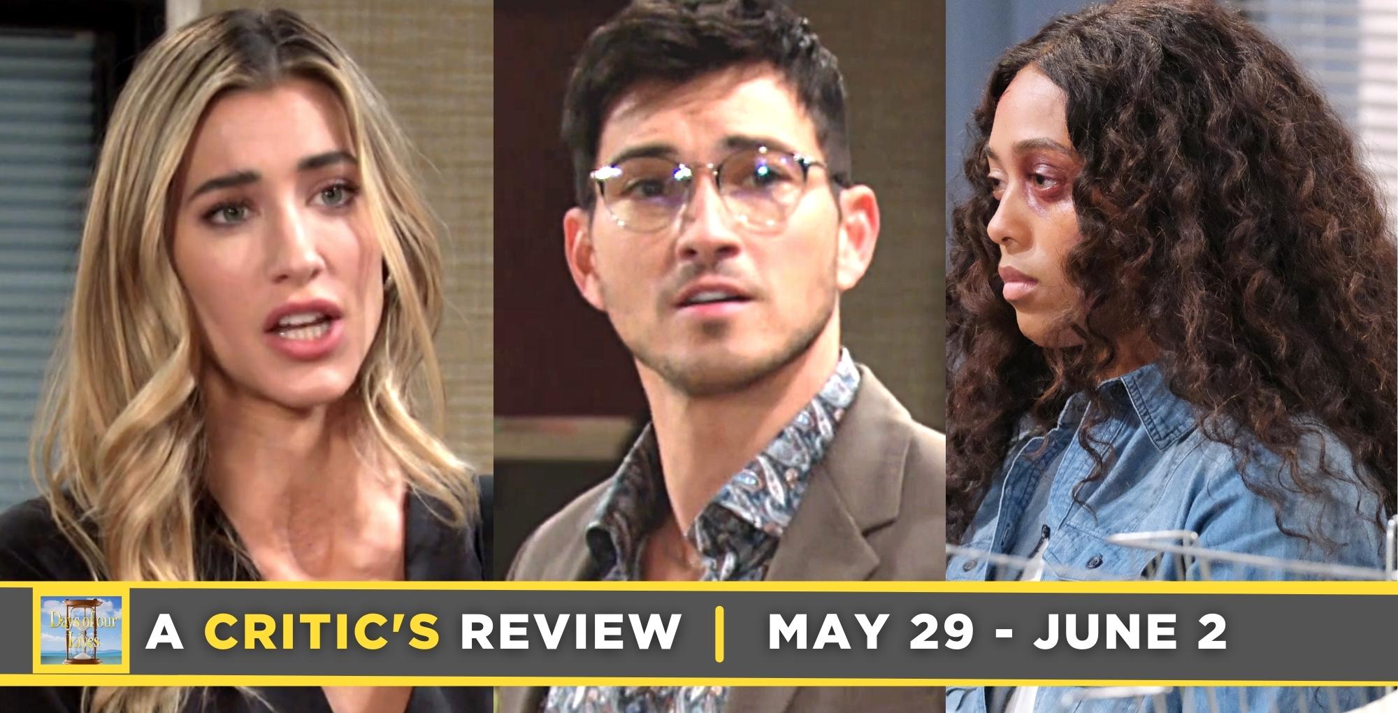 days of our lives critic's review for may 29 – june 2, 2023, three images sloan, alex, and talia.