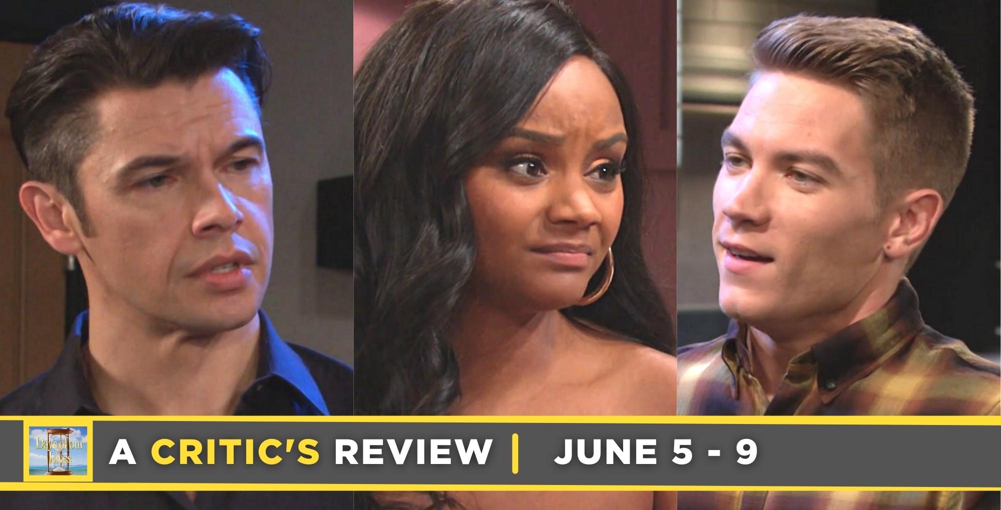 days of our lives critic's review for june 5 – june 9, 2023, three images xander, chanel, and tripp.