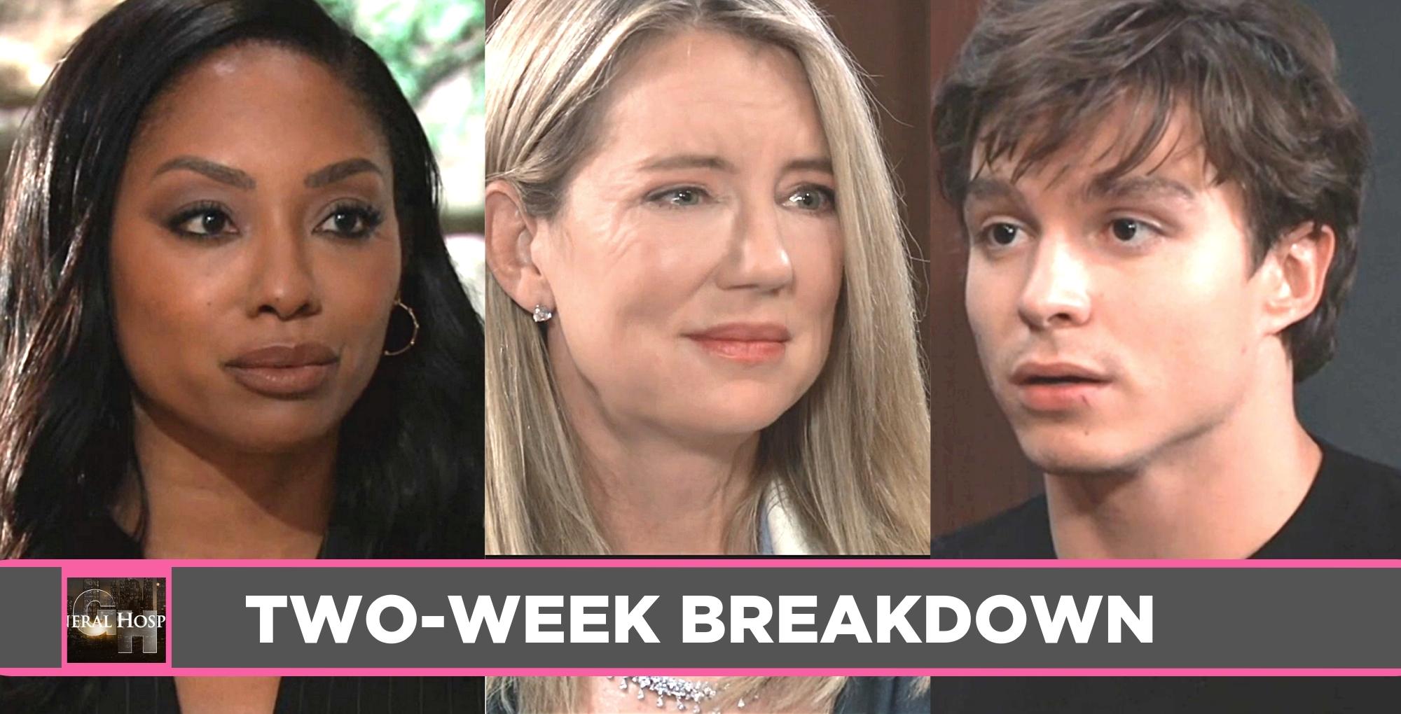 gh spoilers two week breakdown, three images, jordan, nina, and spencer.