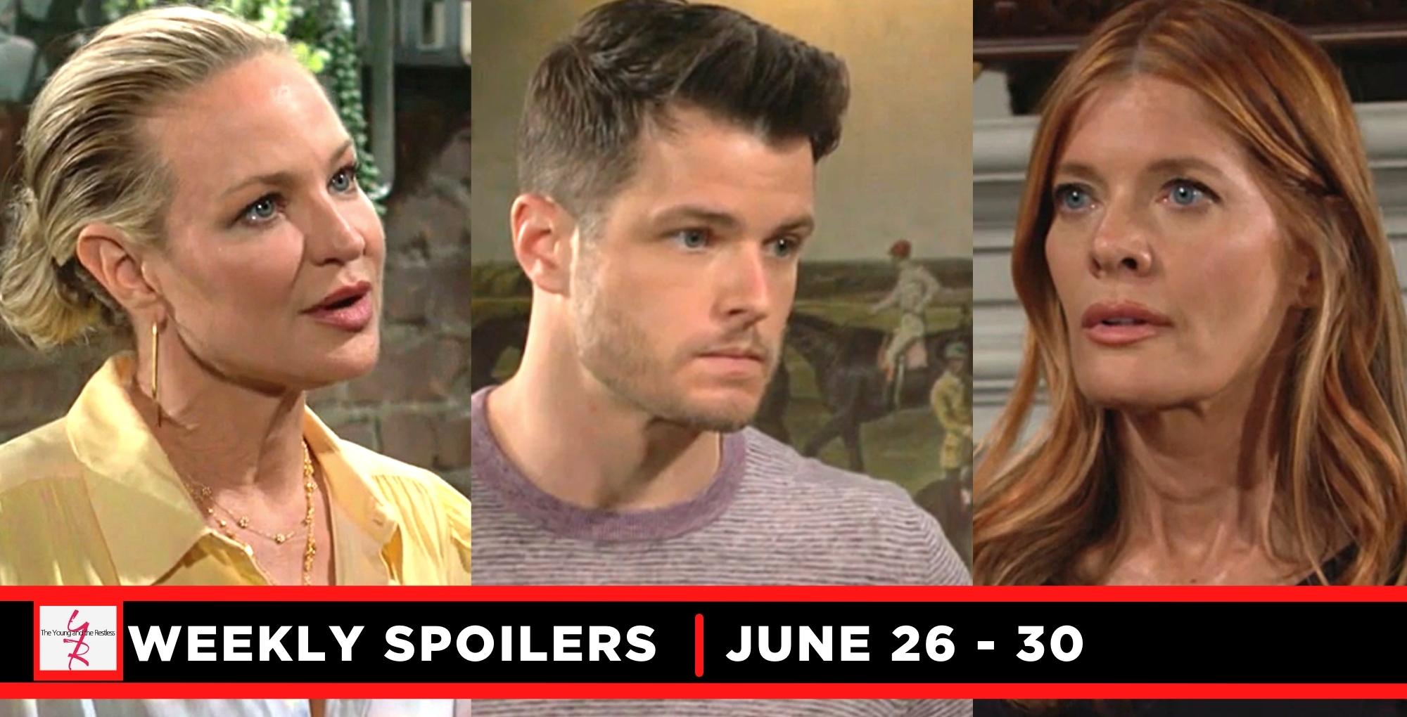 weekly the young and the restless spoilers for june 26-june 30, 2023, 3 images, sharon, kyle, and phyllis.