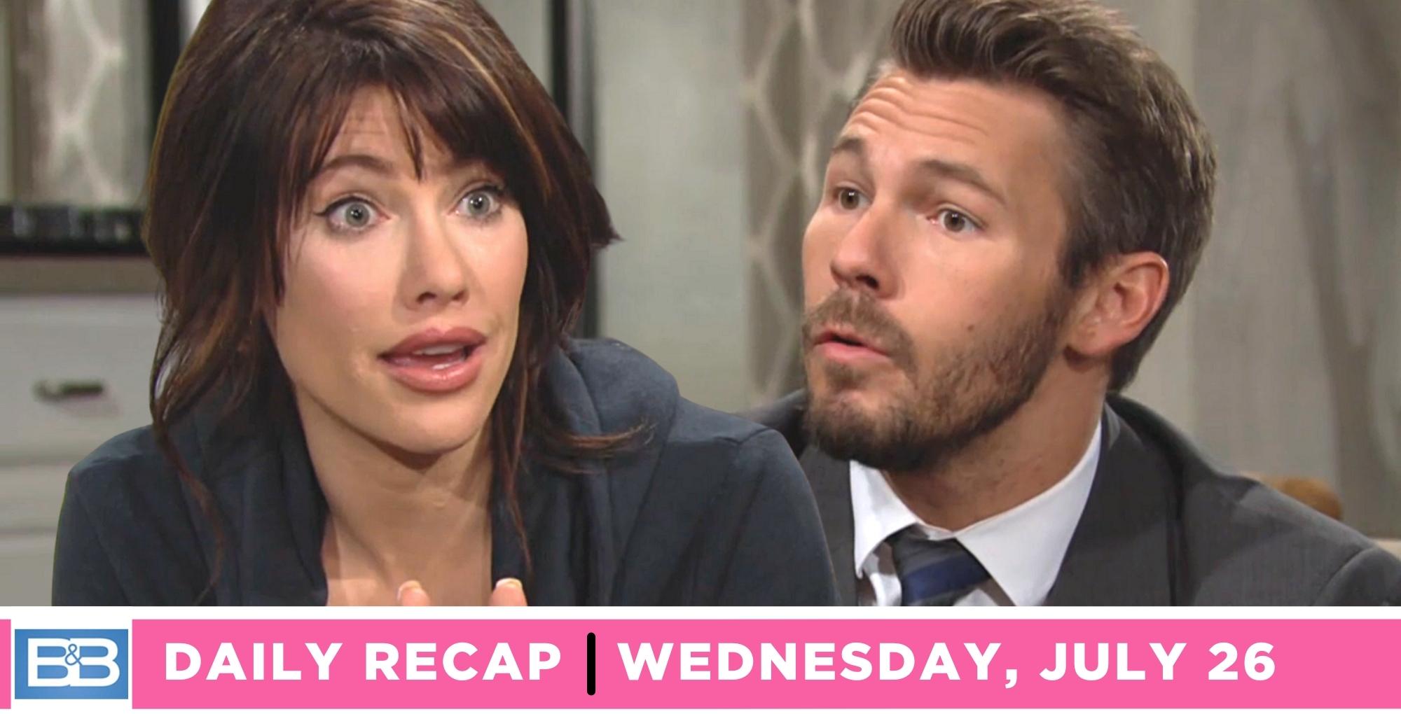 liam Spencer told steffy forrester about the secret hug on the bold and the beautiful recap for wednesday, July 26, 2023.