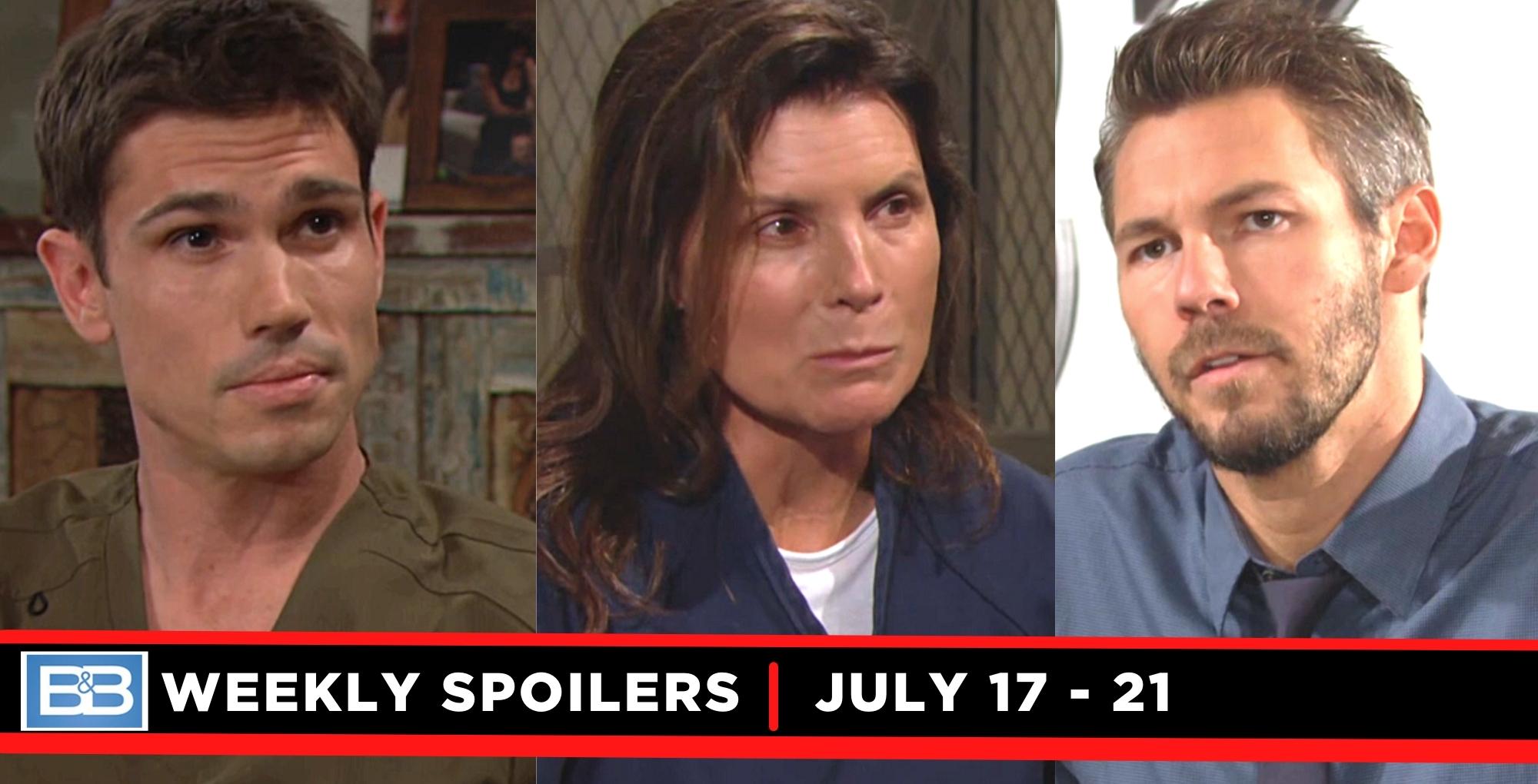 bold and the beautiful spoilers for the week of july 17-21, 2023, three images, finn, sheila, liam.