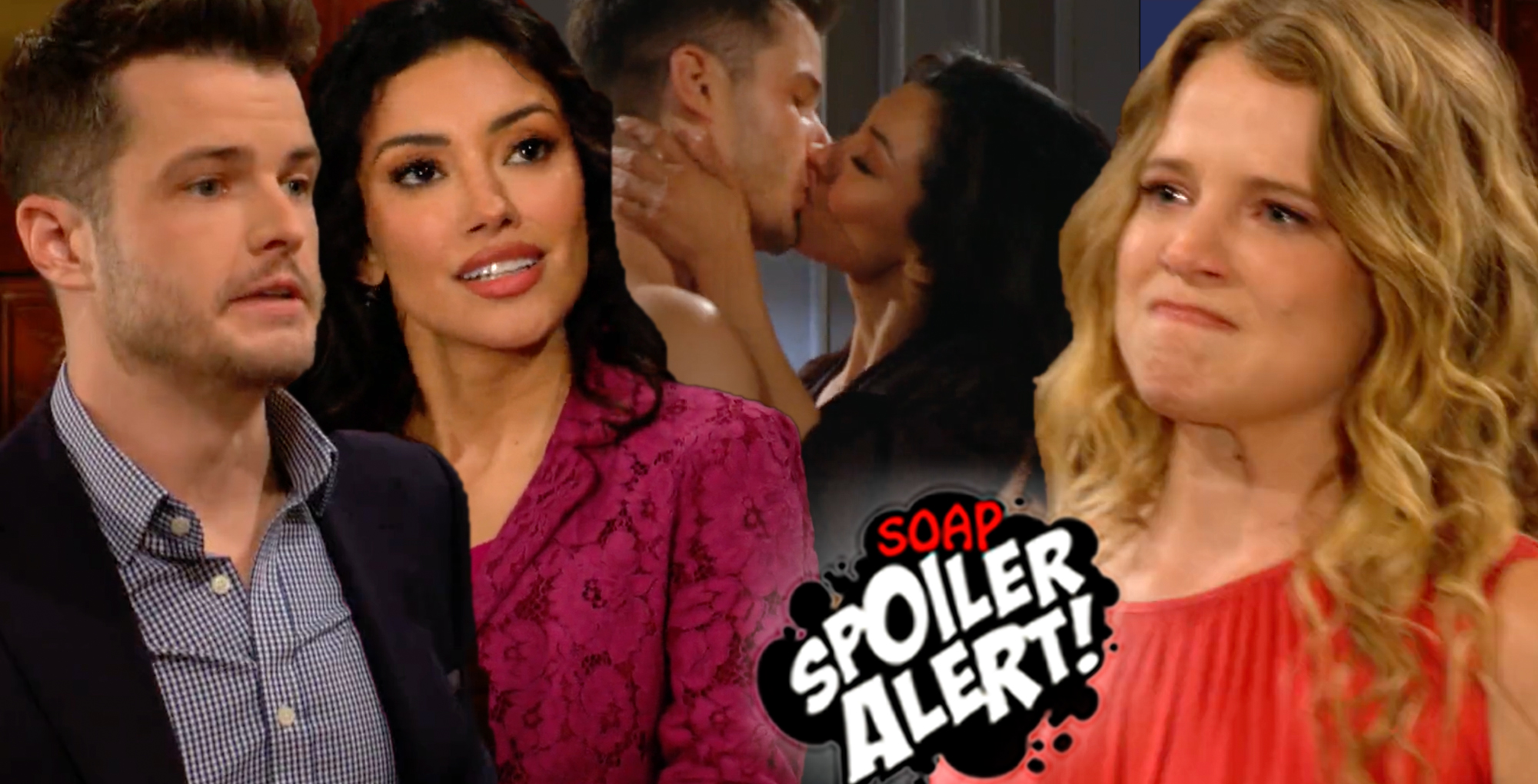 y&r spoilers promo collage of kyle, audra, them kissing, and summer.