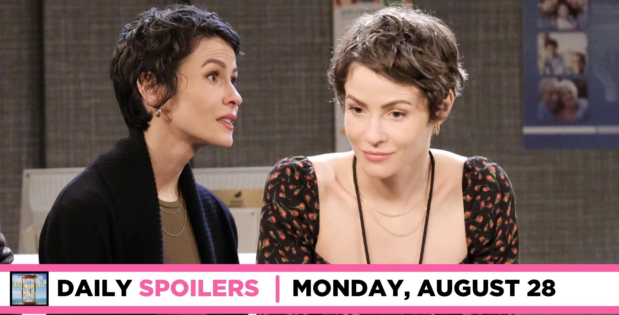 days of our lives spoilers for august 28, 2023, have two images of sarah horton.