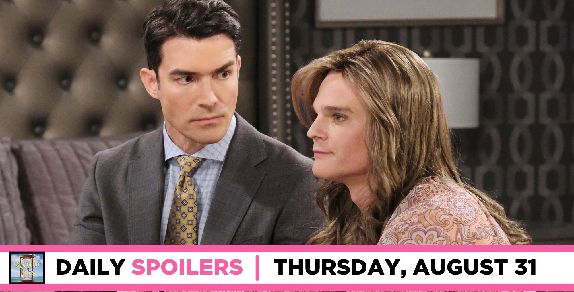 days of our lives spoilers for august 31, 2023, have dimitri and leo wearing a gwen wig.