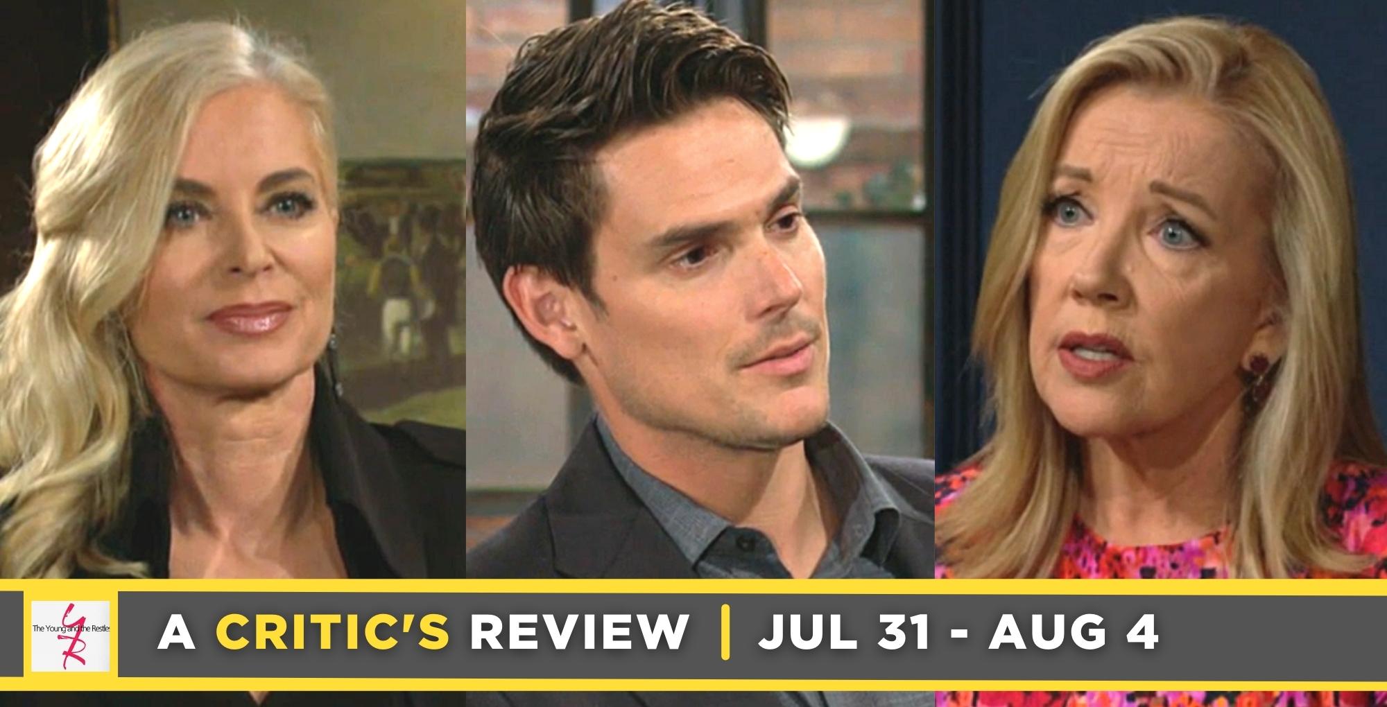 the young and the restless critic's review for july 31 – august 4, 2023, three images, ashley, adam, and nikki.