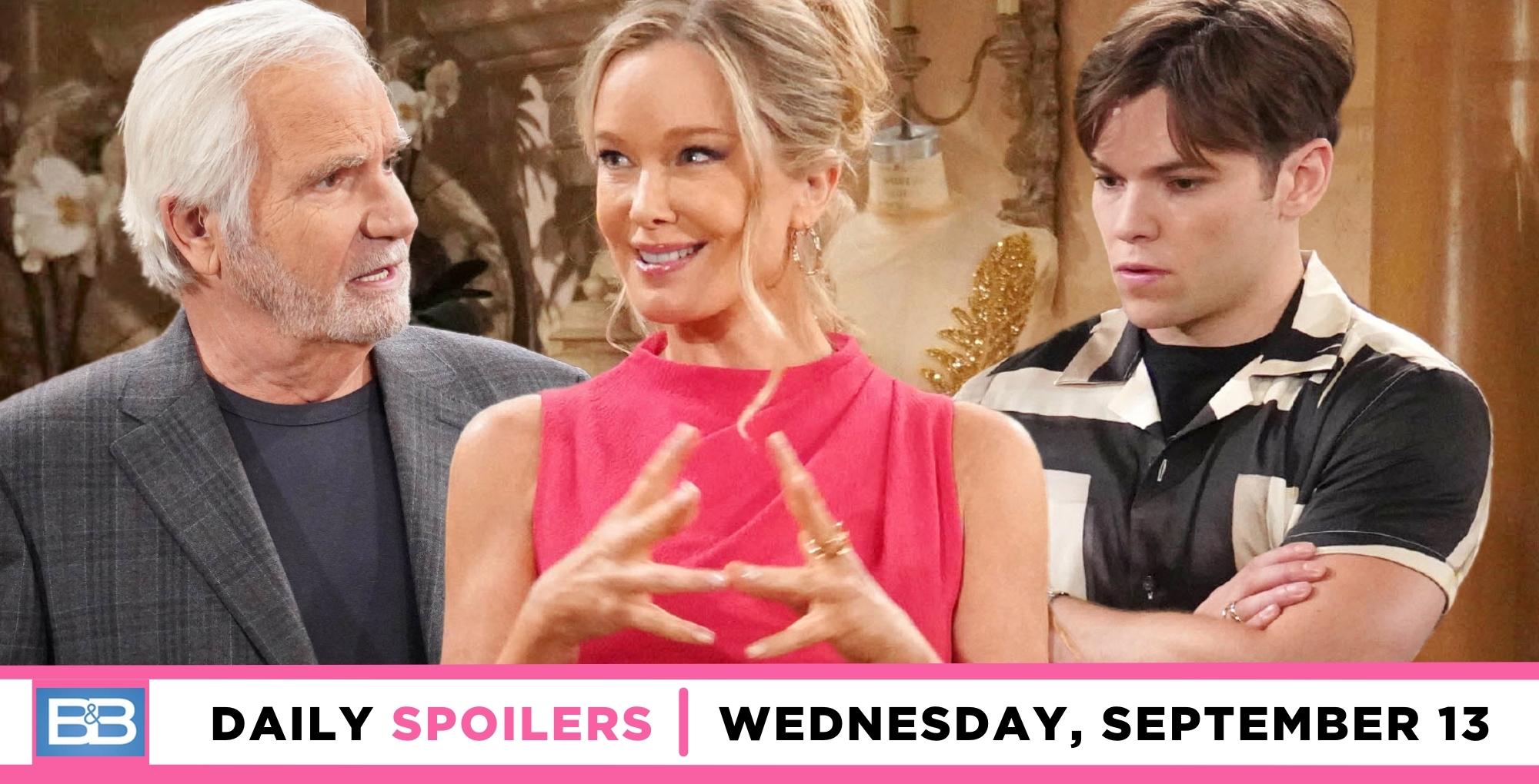 bold and the beautiful spoilers for september 13, 2023, has eric, donna, and rj at the mansion.