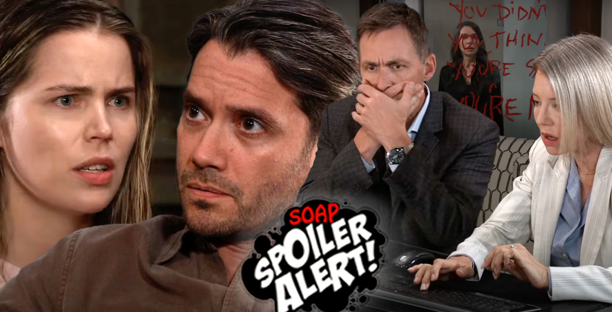 gh spoilers video preview collage of sasha, dante, anna looking in mirror, nina and valentin on a computer.