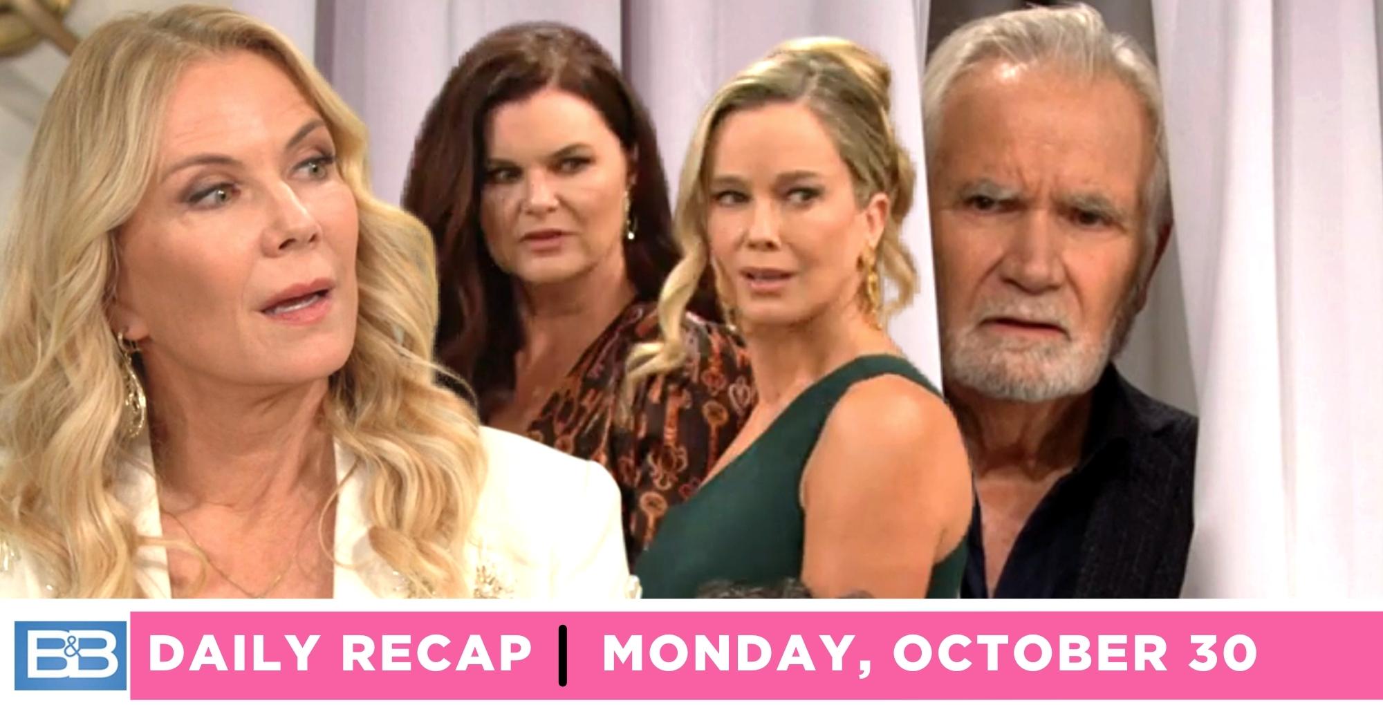 the bold and the beautiful recap for monday, october 30, 2023, collage of images, brooke, katie, donna, and eric.