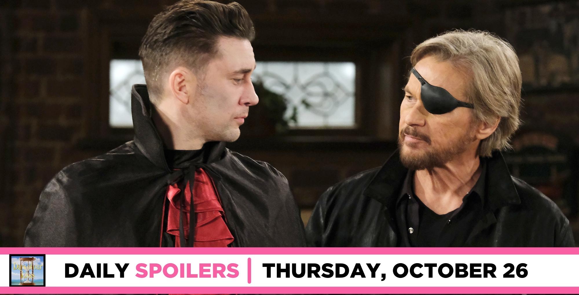 days of our lives spoilers for october 26, 2023, episode 14713, has chad in costume facing steve.