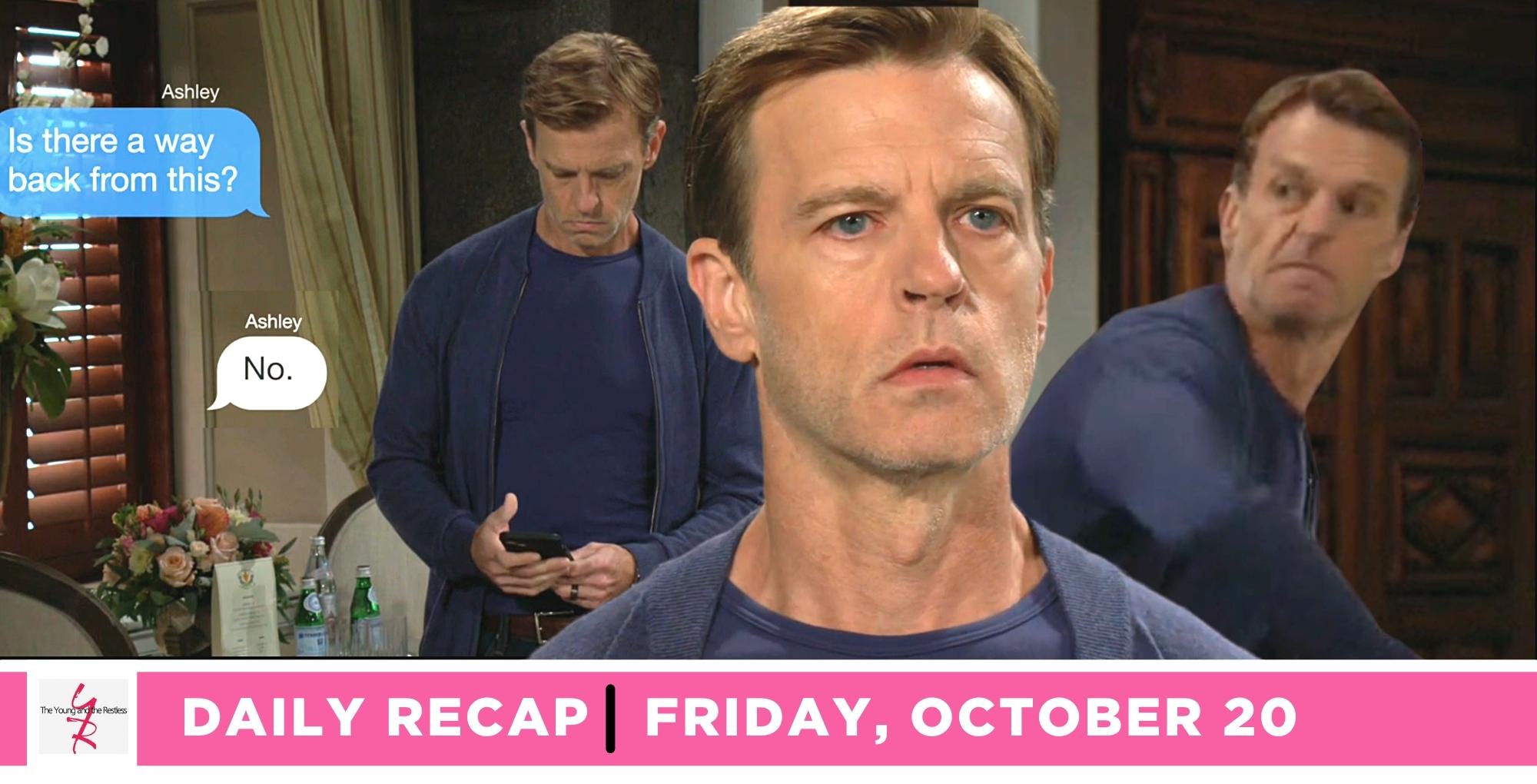 the young and the restless recap for october 20, 2023, has images of tucker losing it, throwing things, reading a text.