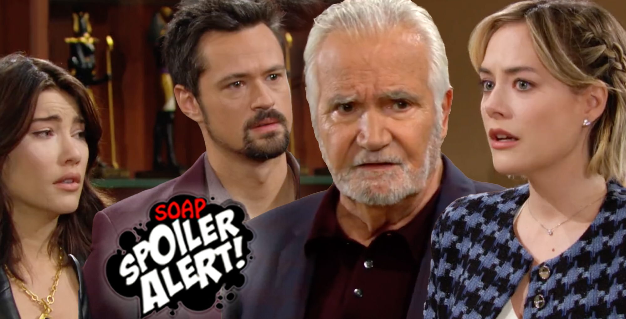 b&b spoilers video collage of steffy, thomas, eric, and hope.