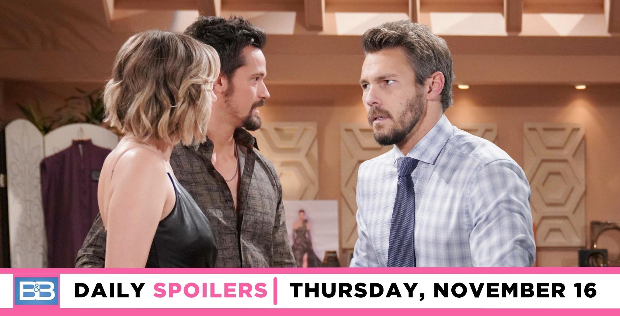 bold and the beautiful spoilers for november 16, 2023, episode 9150, hope and thomas face liam.