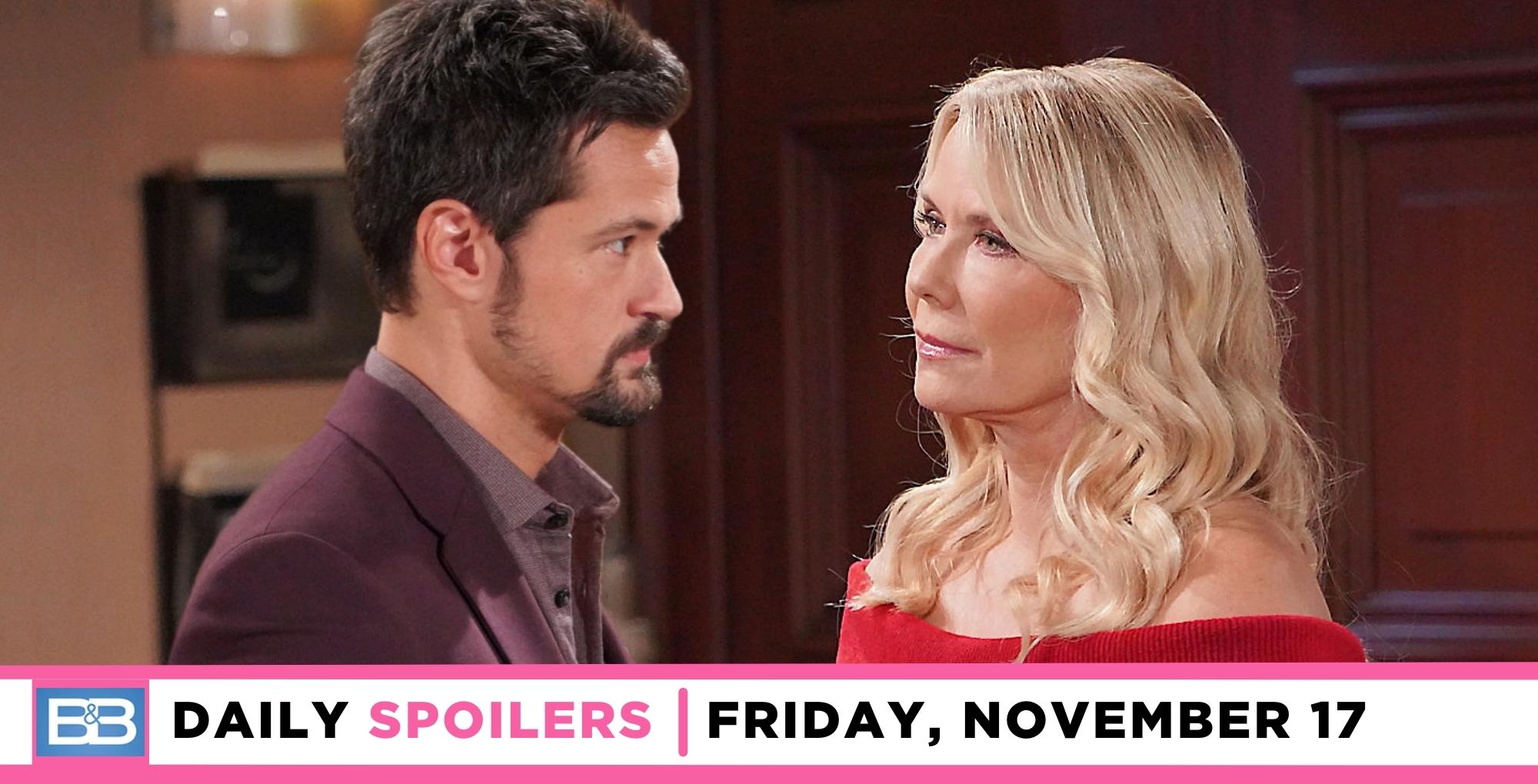 the bold and the beautiful spoilers for november 17, 2023, episode 9151, has thomas talking to brooke.