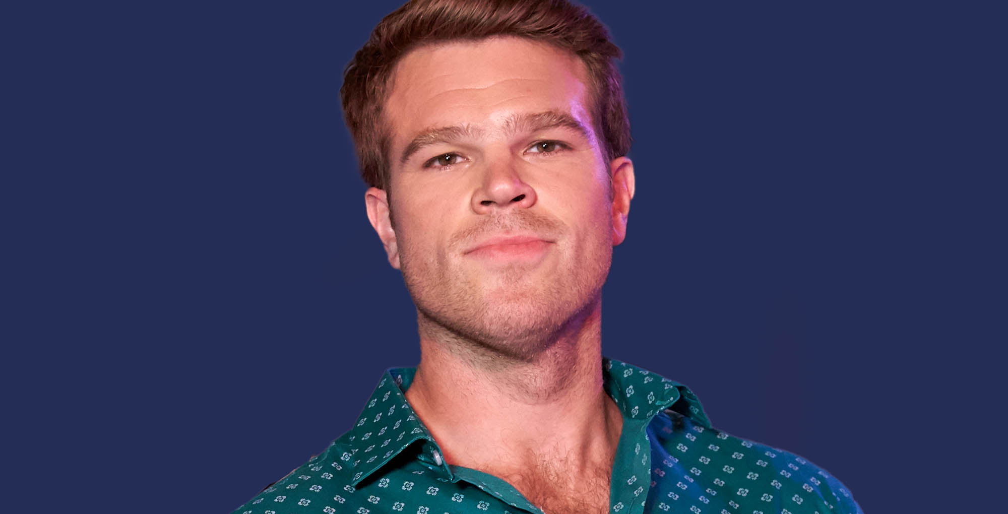 general hospital star cyrus hobbi on blue background.