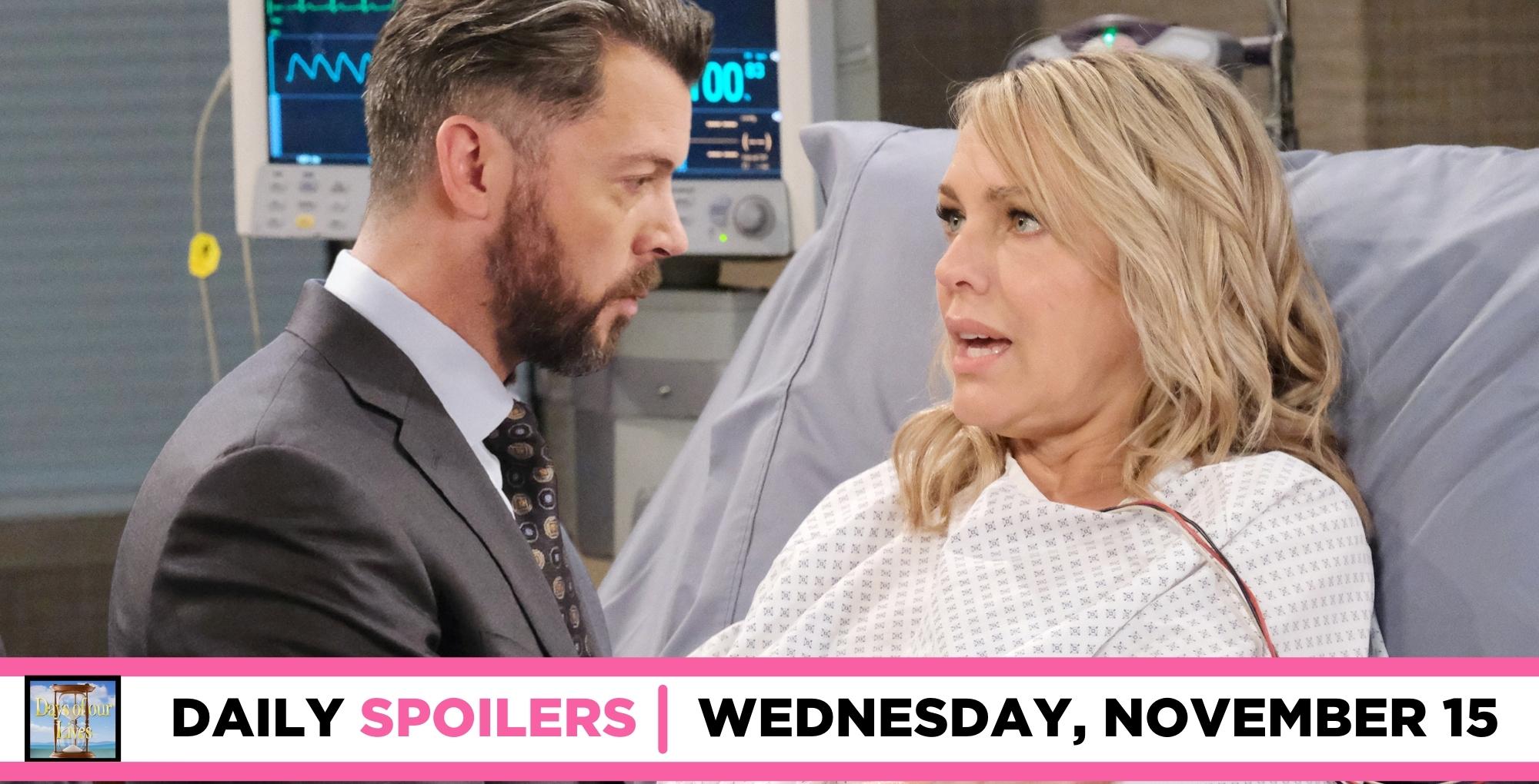 days of our lives spoilers for november 15, 2023, episode 14727, has ej with nicole in a hospital bed.