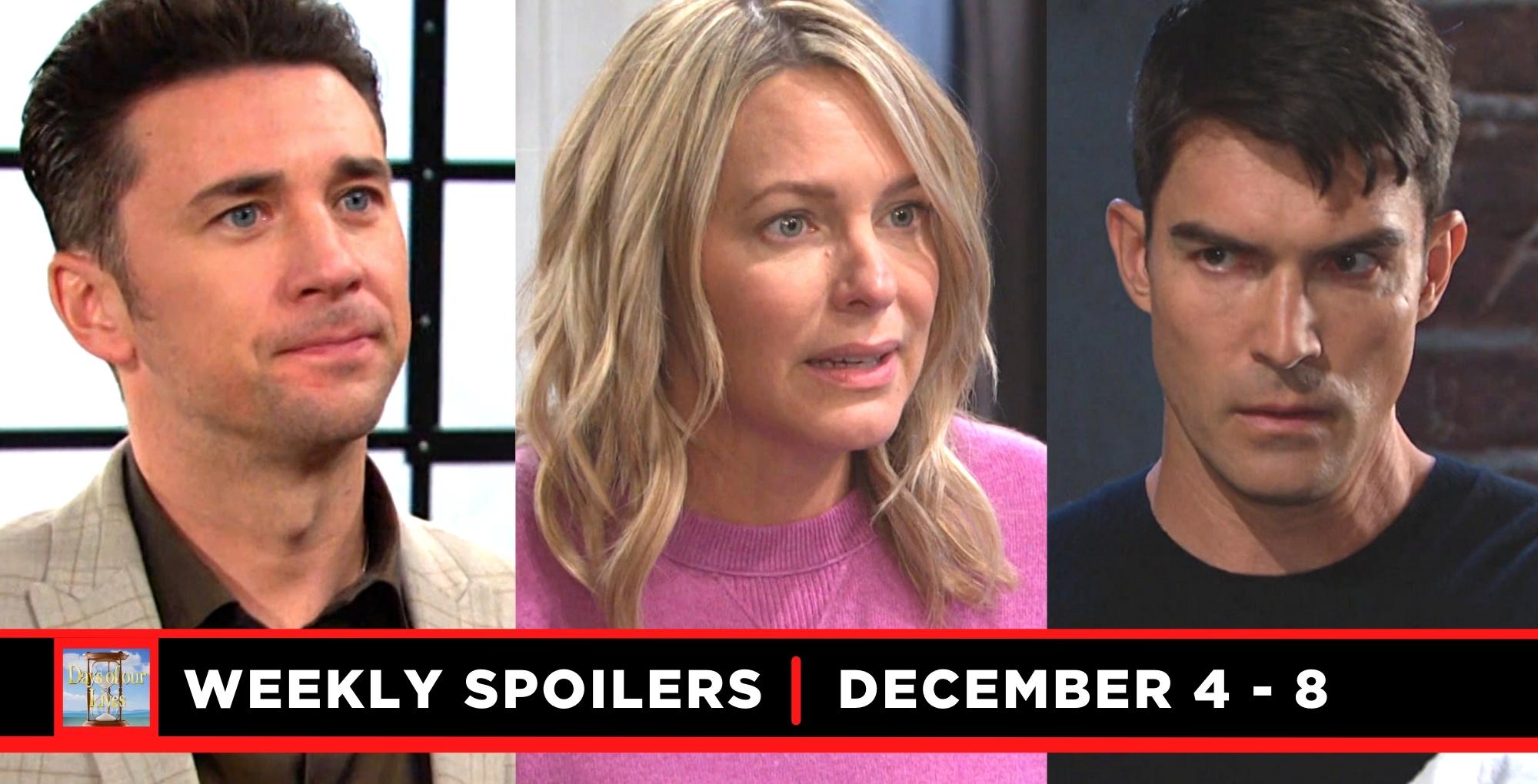 days of our lives spoilers for december 4-8, 2023, three images chad, nicole, and dimitri.