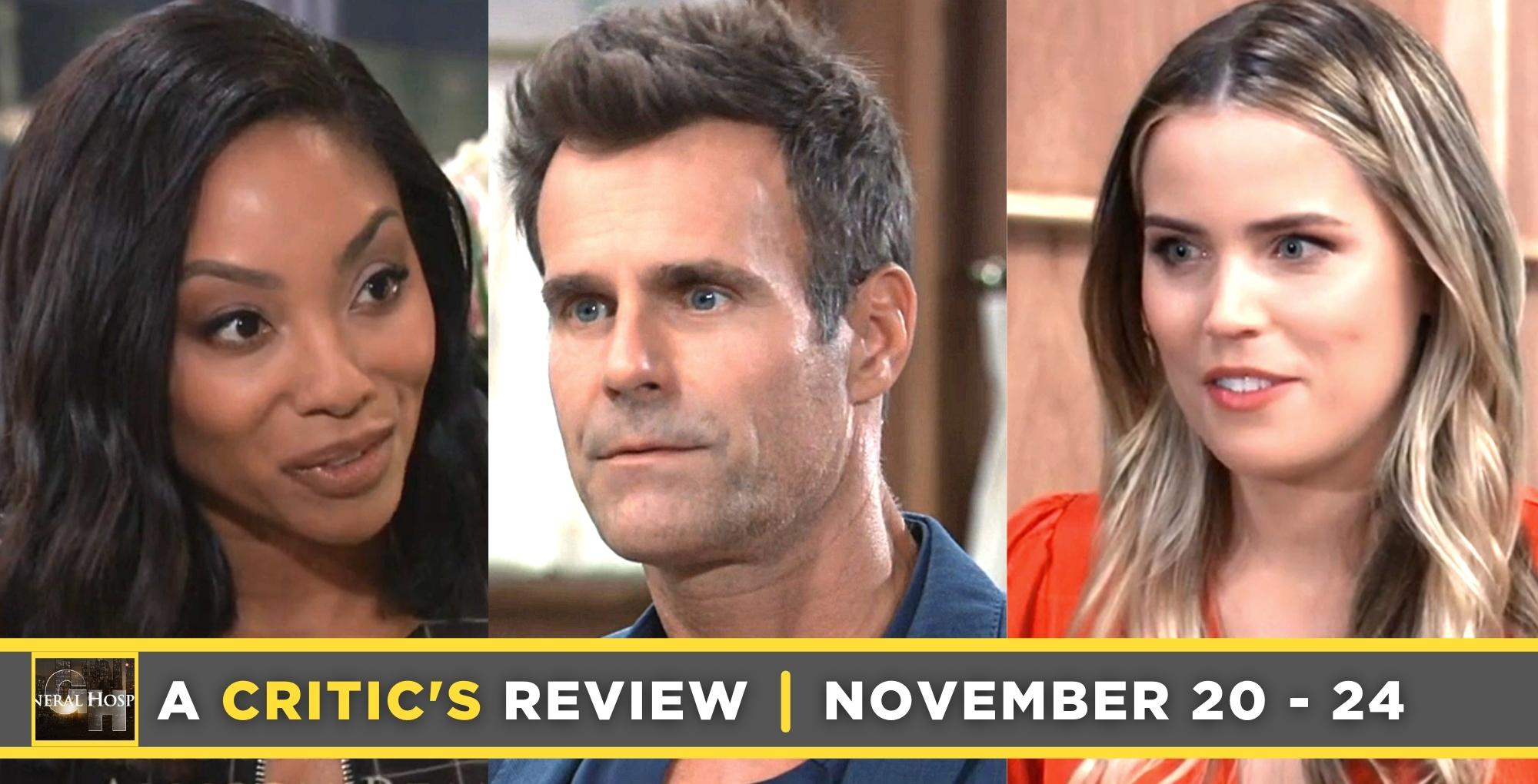 general hospital critic's review for november 20 – november 24, 2023, jordan, drew, and sasha.