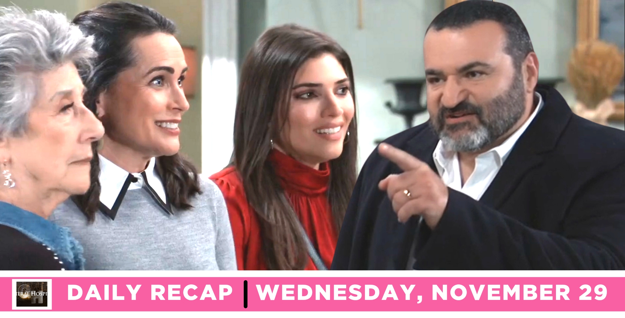 general hospital recap for november 29, 2023, episode 15352, gloria, louis, brook lynn, and petrov.