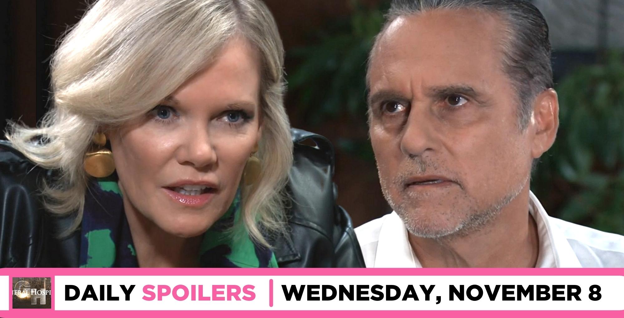 general hospital spoilers for november 8, 2023, episode 15338, has ava listening to sonny.