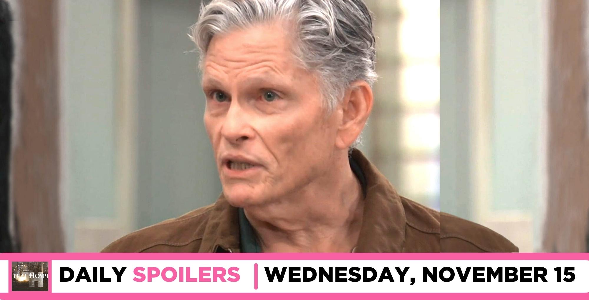 general hospital spoilers for november 15, 2023, episode 15343, cyrus looking like a villain.