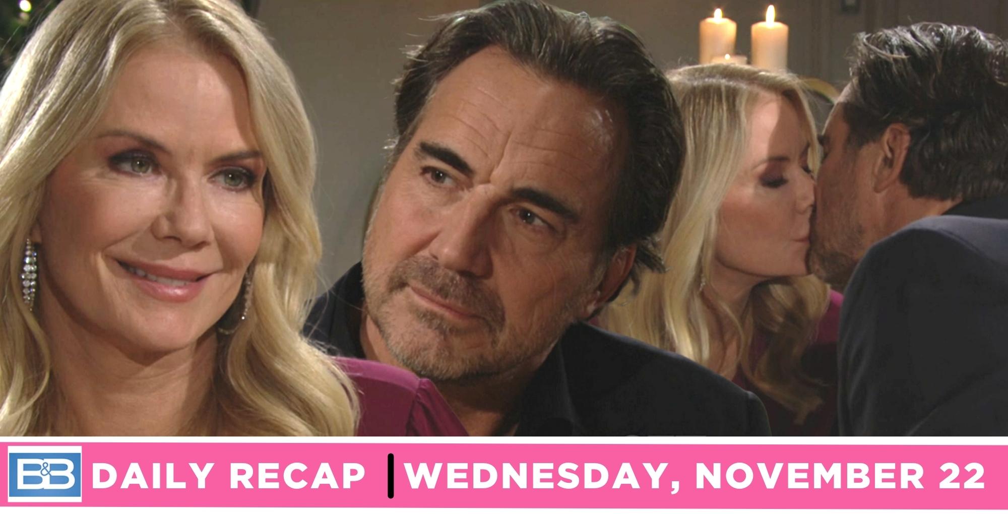 the bold and the beautiful recap for wednesday, november 22, 2023, brooke and ridge, episode 9154, bridge smooching.