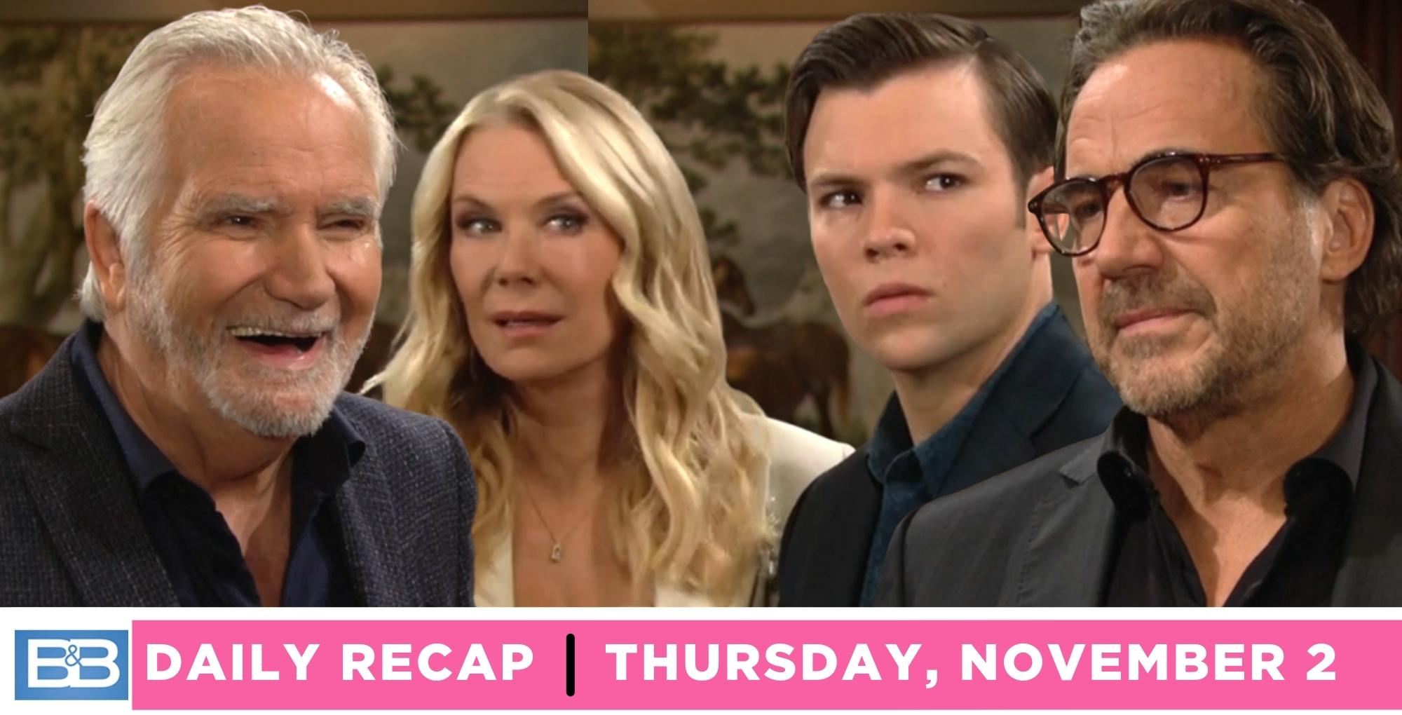 the bold and the beautiful recap for thursday, november 2, 2023, eric, brooke, rj, and ridge.
