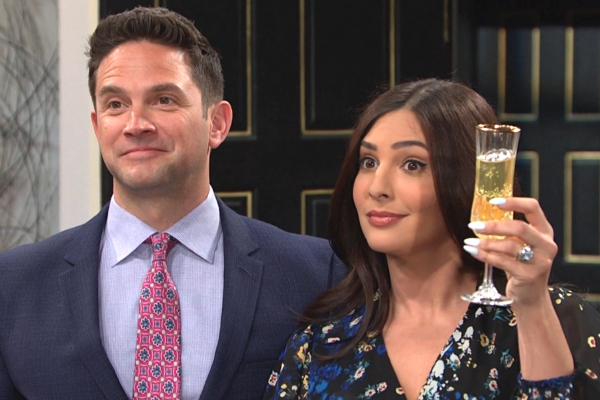 soap operas days of our lives stefan and gabi crash the wedding to cheers their move.