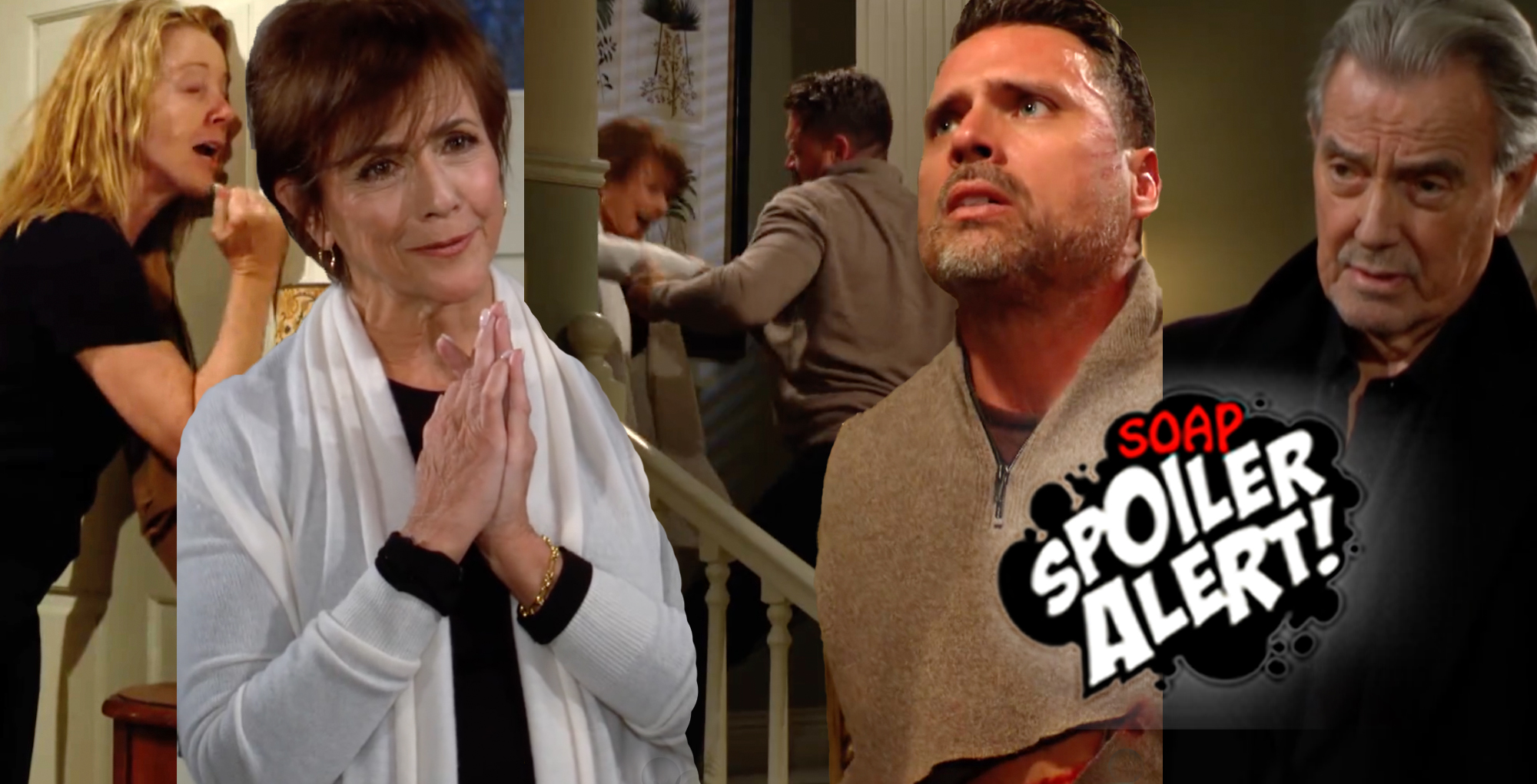 y&r spoilers video collage of nikki, jordan, nick getting stabbed, and victor.