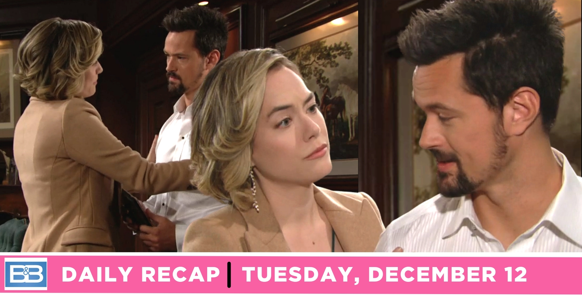 the bold and the beautiful spoilers for december 12, 2023, episode 9166, two images of hope and thomas comforting each other.