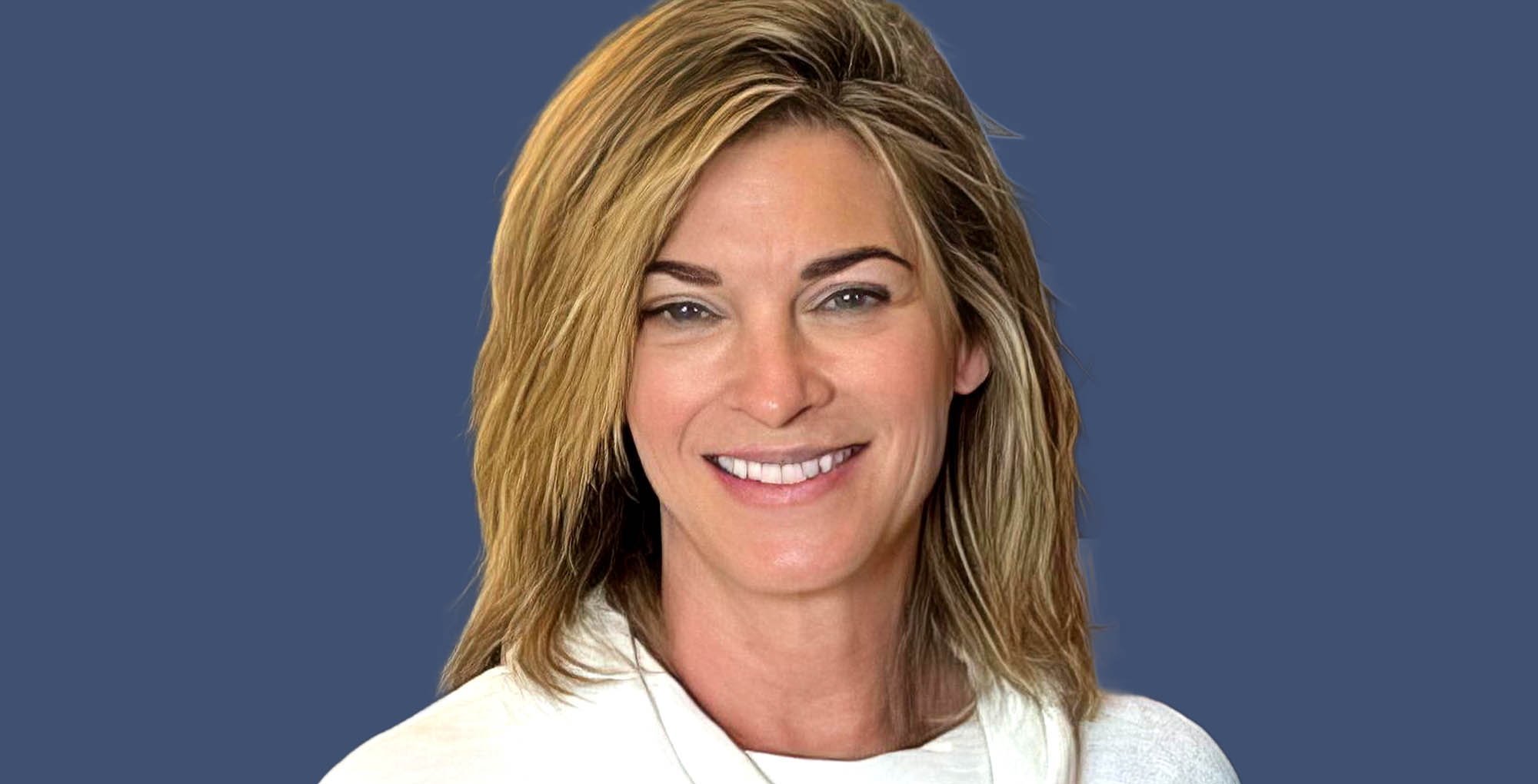 bold and the beautiful alum tracy melchoir against a blue background.