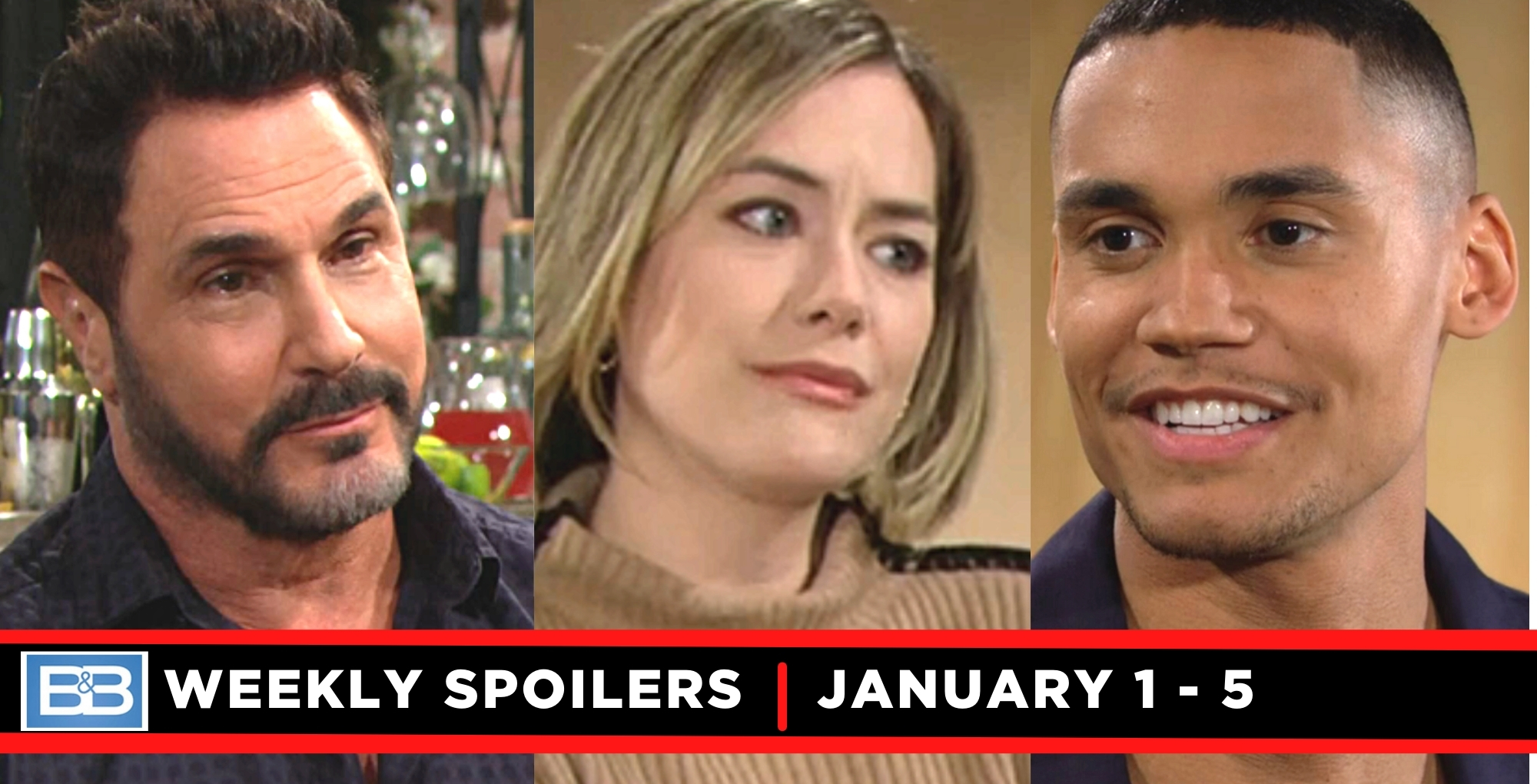 the bold and the beautiful spoilers for january 1 – january 5, 2024, three images, bill, hope, xander.