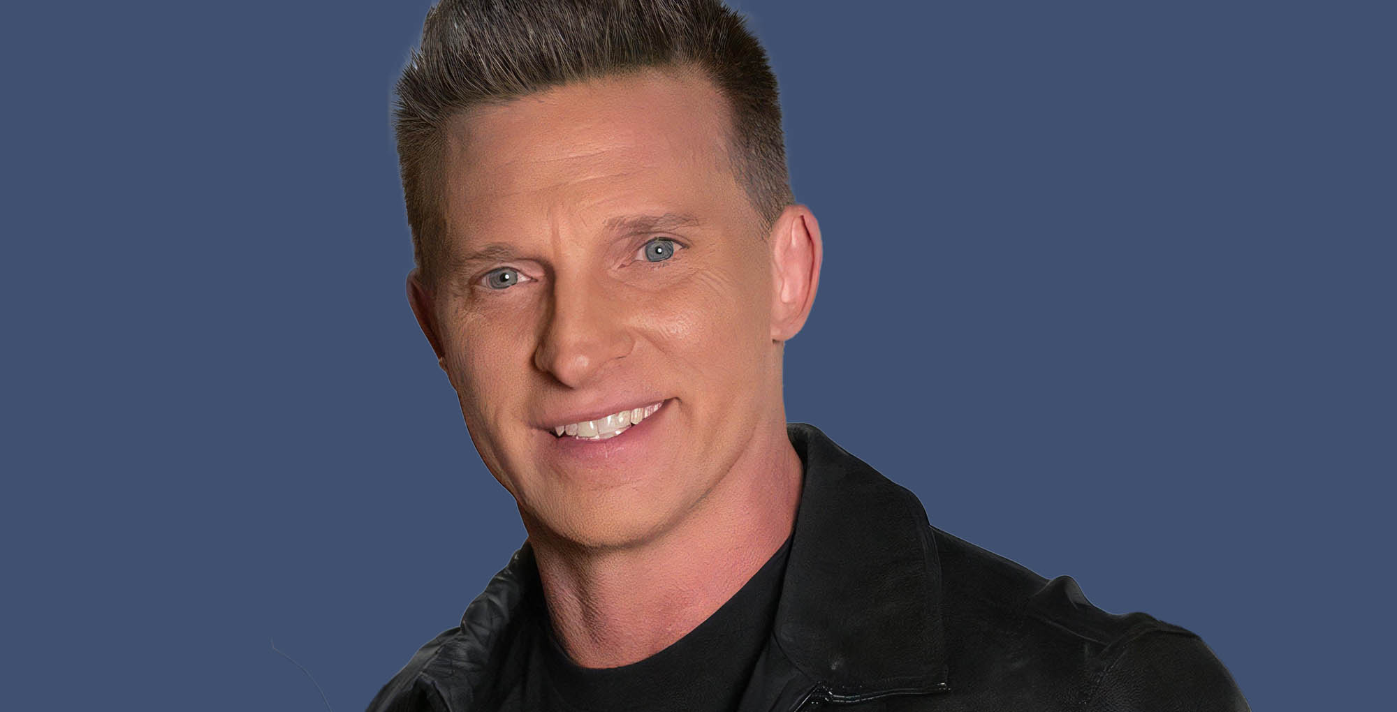 general hospital star steve burton wearing jason morgan's trademark black jacket against a blue background.