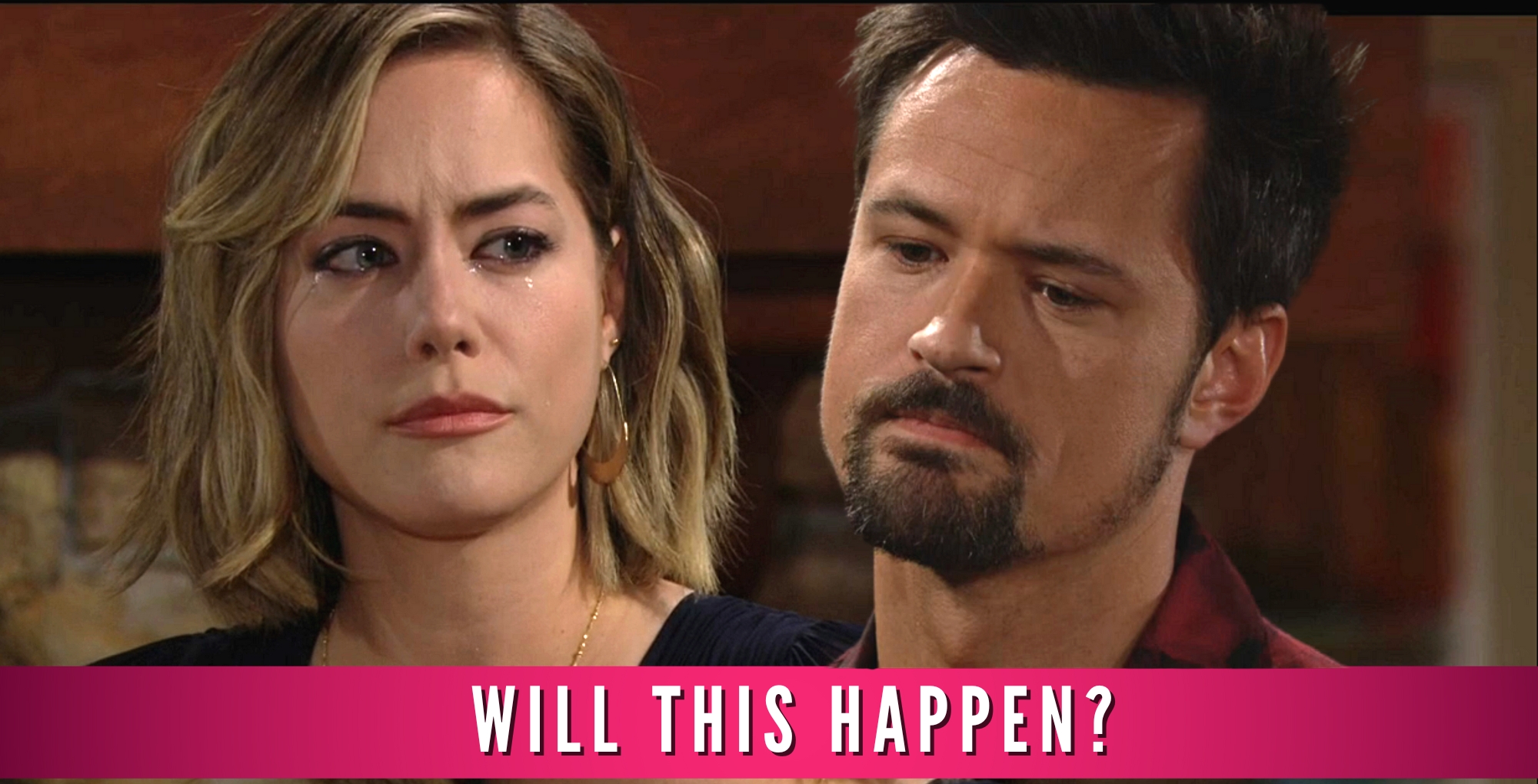 hope and thomas looking at each other on bold and the beautiful and a "will it happen" banner.
