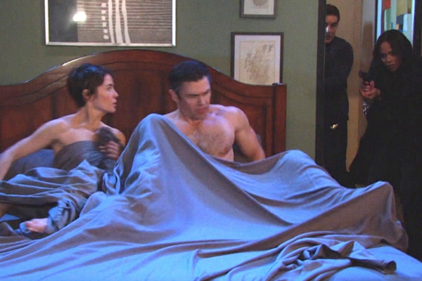 soap operas days of our lives sarah and xander in bed and rafe and jada enter with guns drawn.