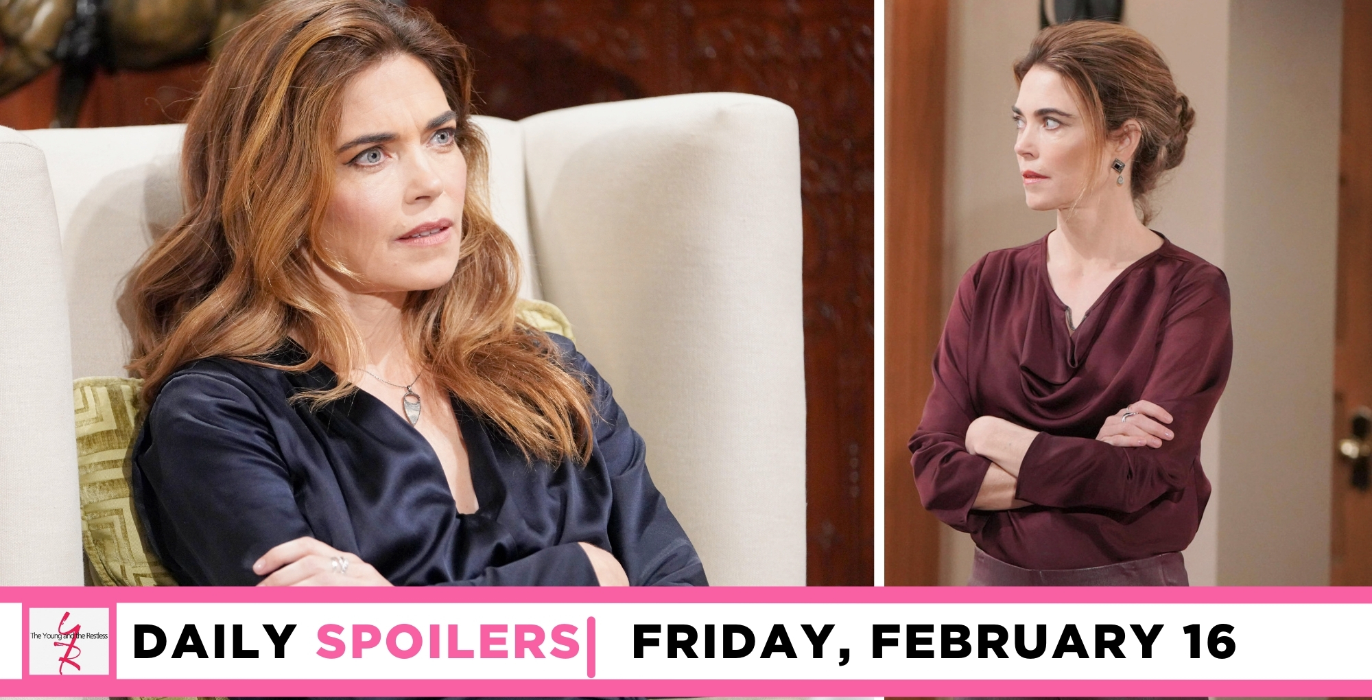 the young and the restless spoilers for february 16, 2024, episode 12809, two images of victoria newman.